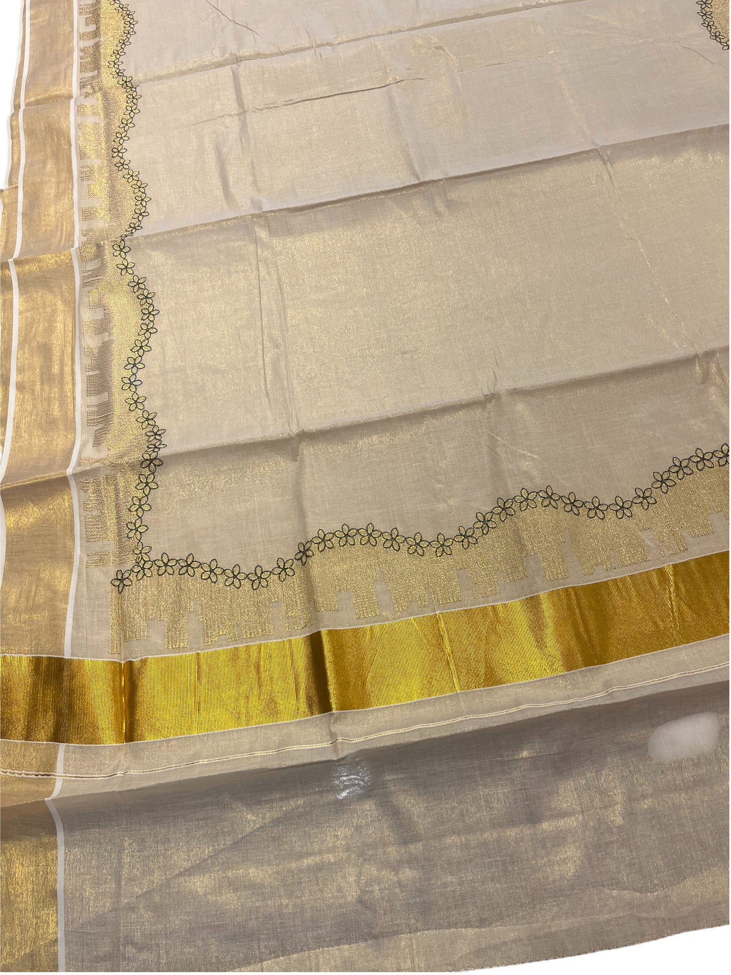 Southloom Kerala Tissue Kasavu Plain Saree with Green Floral Embroidery Works