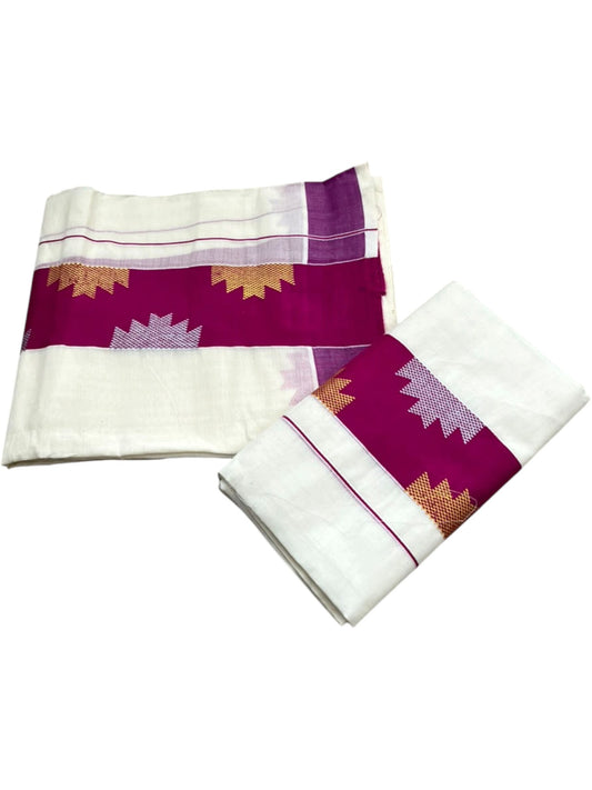 Southloom Pure Cotton Single Set Mundu (Mundum Neriyathum) Temple Design & Magenta Border 2.80 Mtrs SL631