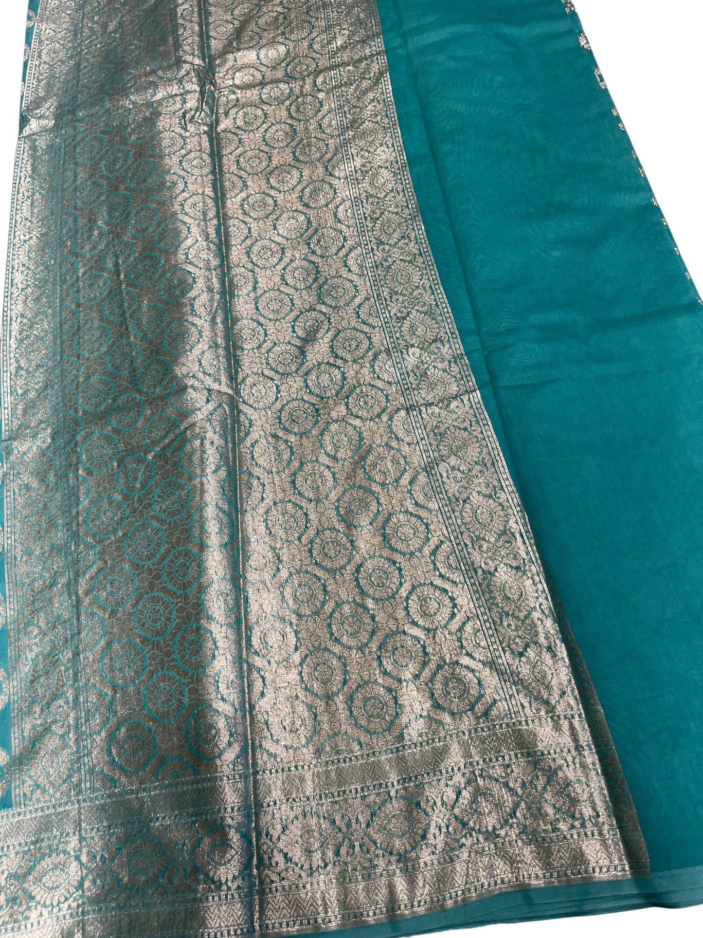 Southloom Cotton Banarasi Silk Saree with Woven Work on Body and Borders (Turquoise)