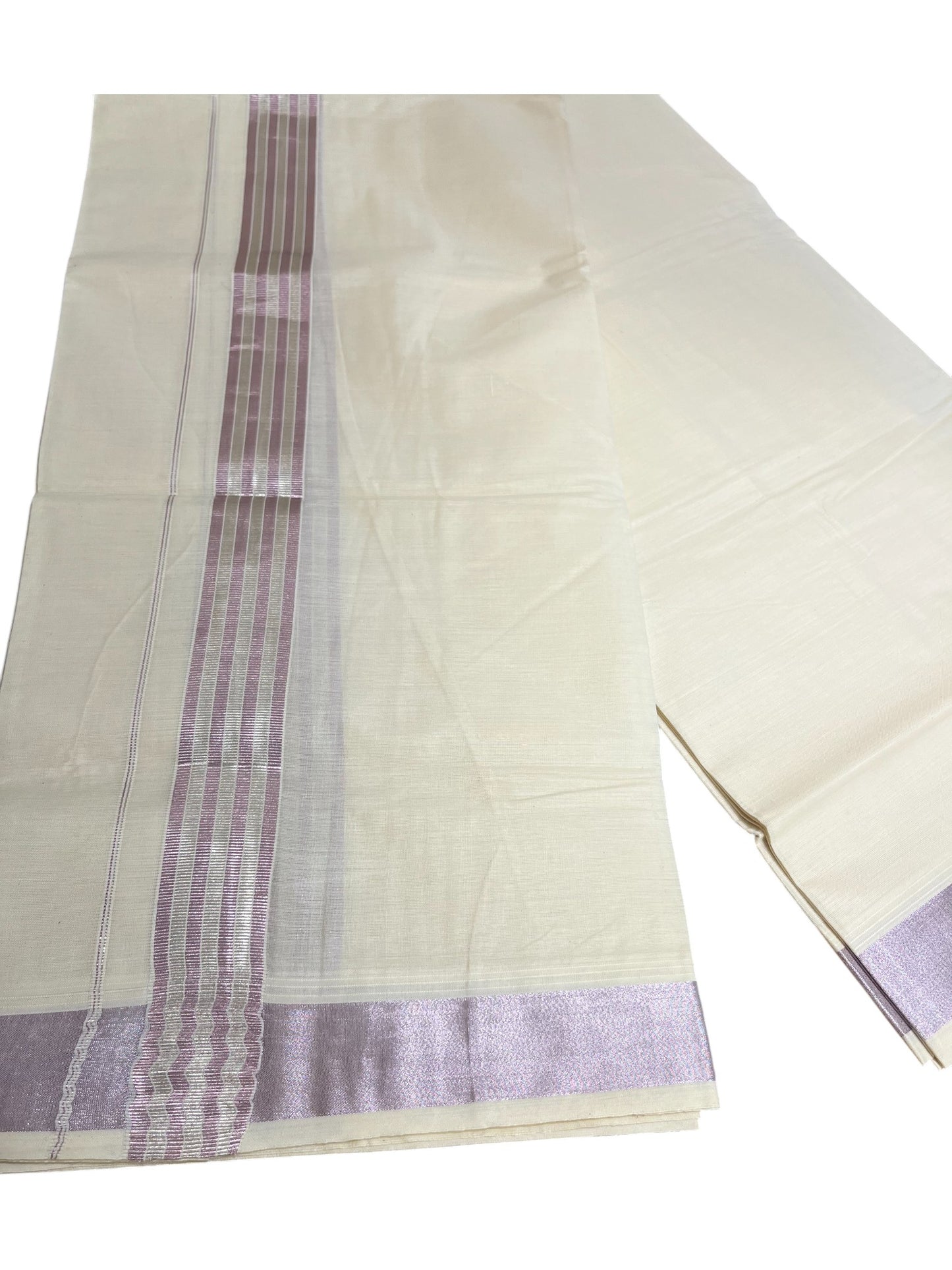Kerala Cotton Double Mundu with Silver And Rose Copper Lines Border (South Indian Dhoti)