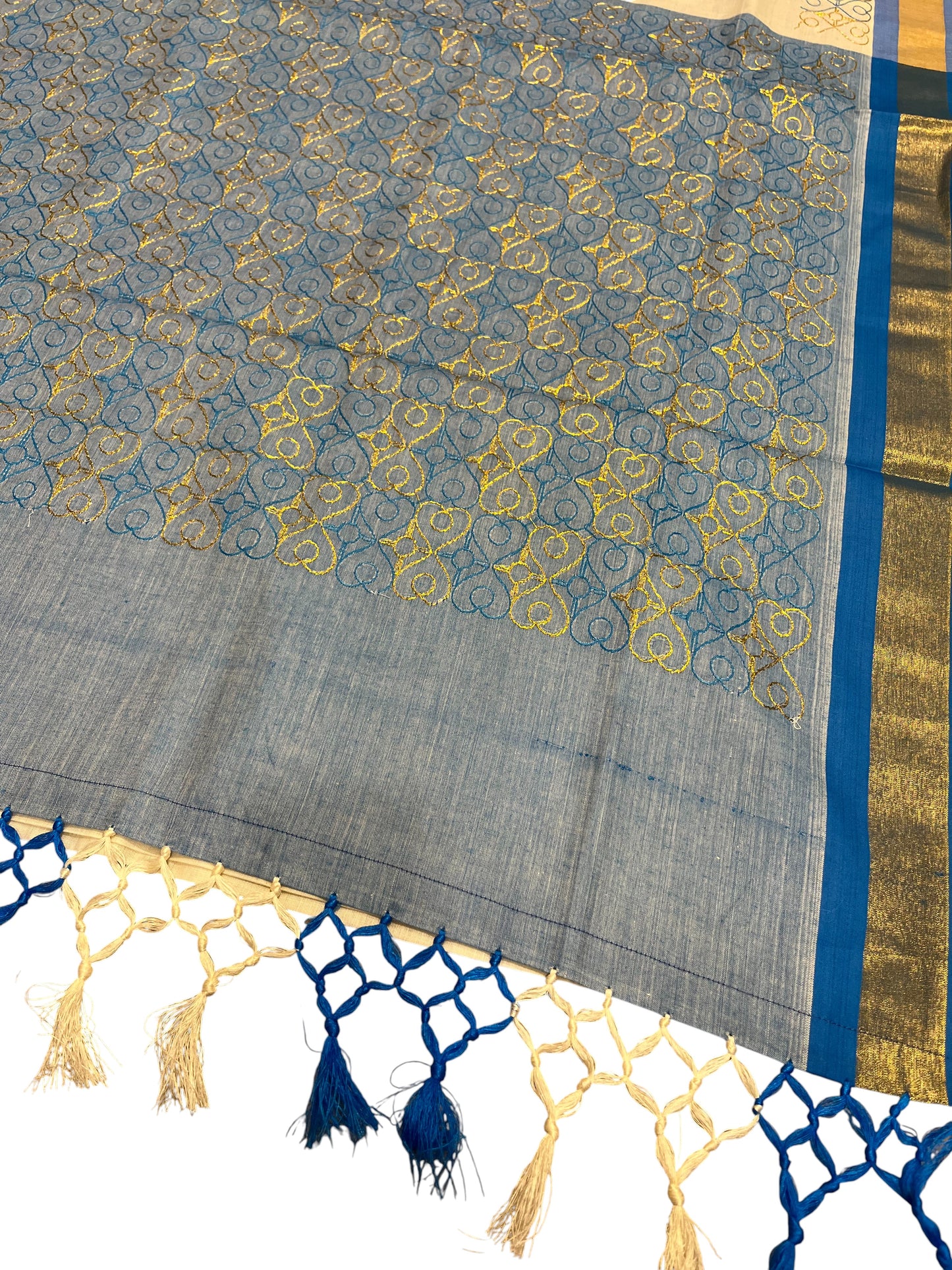 Southloom Kerala Cotton Saree with Blue and Golden Embroidery Works