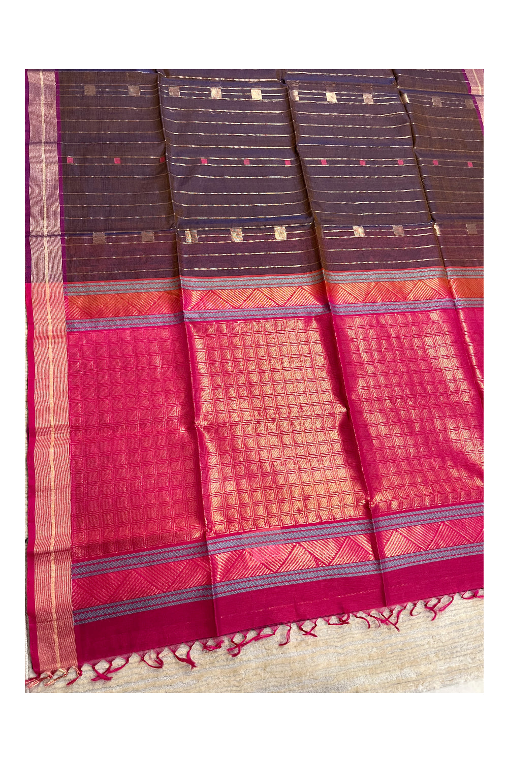 Southloom Pure Handloom Cotton Silk Saree With Handwoven Work Across Body and Blouse in Brown And Pink