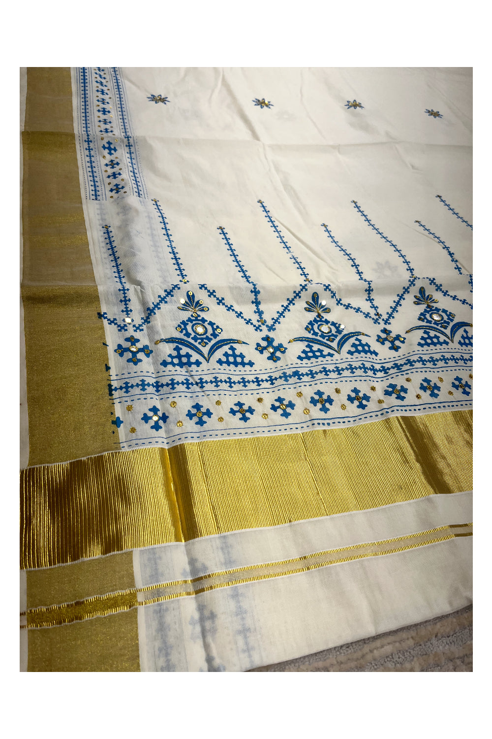 Southloom Blue Block Print Kasavu Saree with Sequins Work on Prints