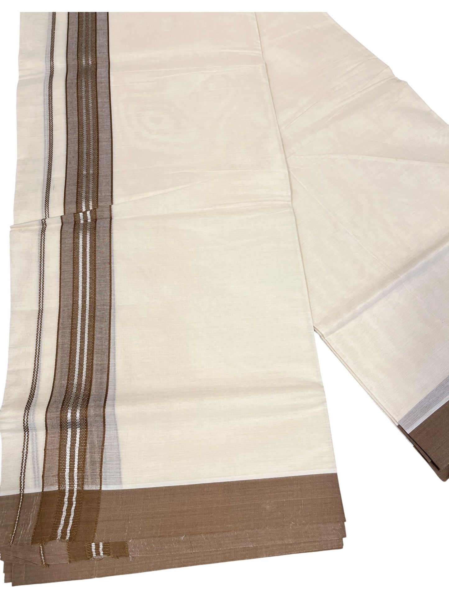 Southloom Kerala Pure Cotton Double Mundu with Brown And Silver Lines Border (South Indian Dhoti)