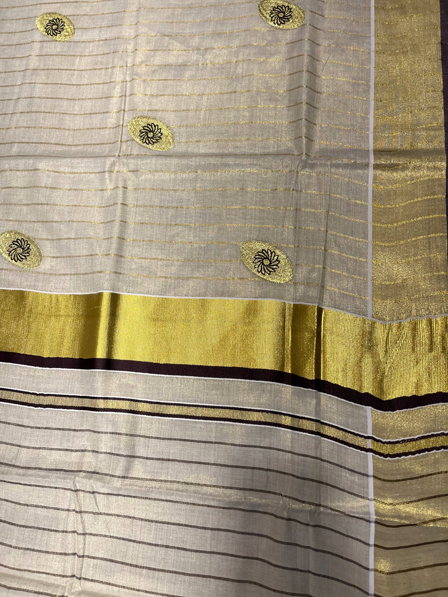 Kerala Tissue Kasavu Stripes Saree with Brown and Gold Embroidery Design on Body