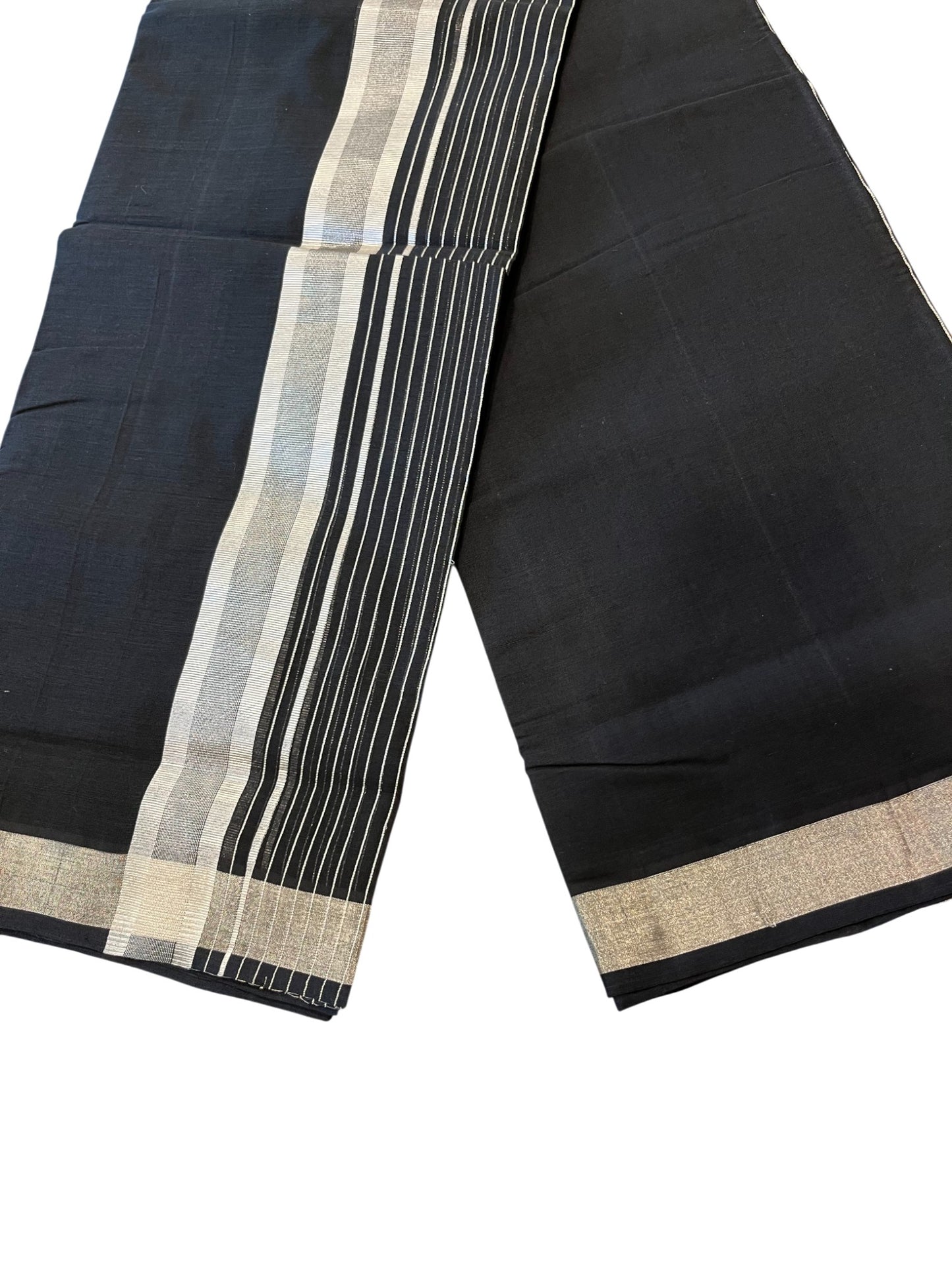 Southloom Premium Handloom Cotton Black Double Mundu with Silver Lines
