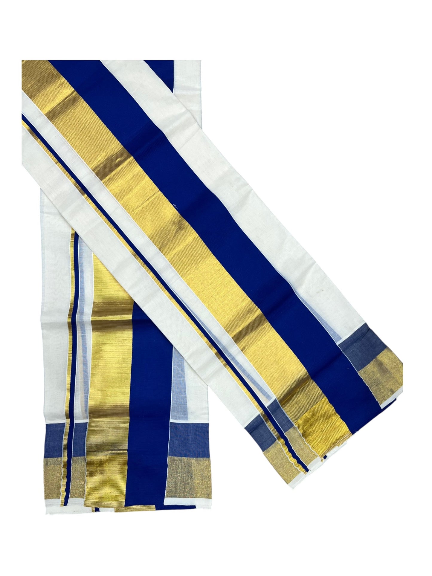 Kerala Cotton Set Mundu (Mundum Neriyathum) with Blue and Kasavu Border 2.80 Mtrs