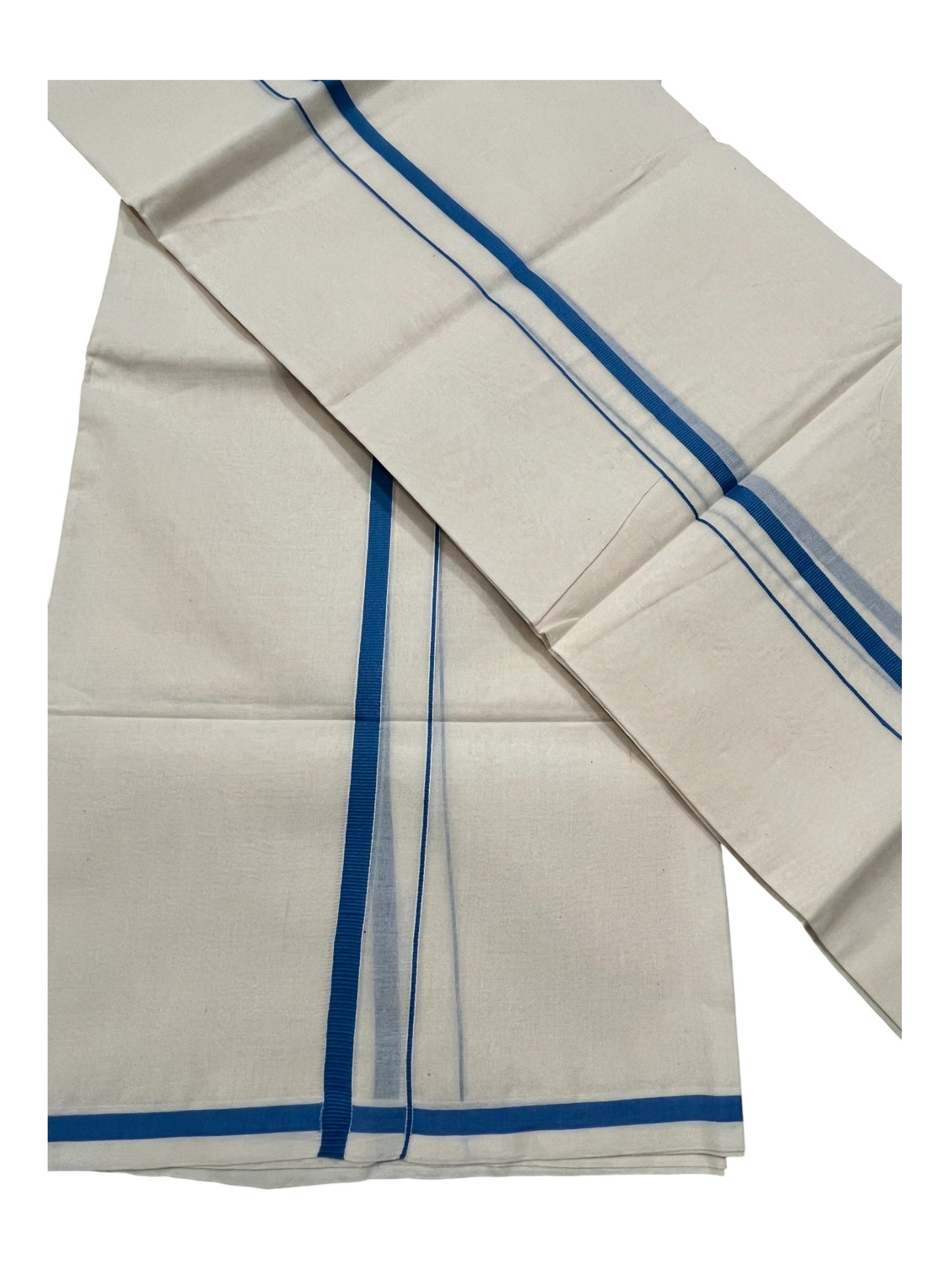 Kerala Cotton Mundum Neriyathum Single (Set Mundu) with Blue Puliyilakkara 2.80Mtrs