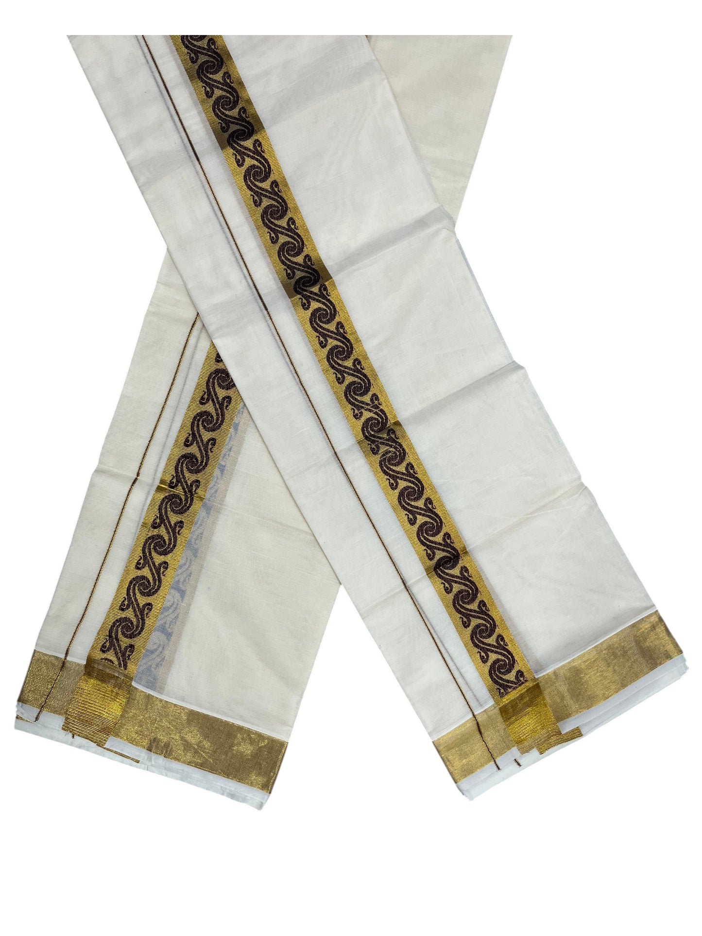 Southloom Kerala Pure Cotton Set mundu (Mundum Neriyathum) with Brown Block Prints on Kasavu Border-2.80Mtrs