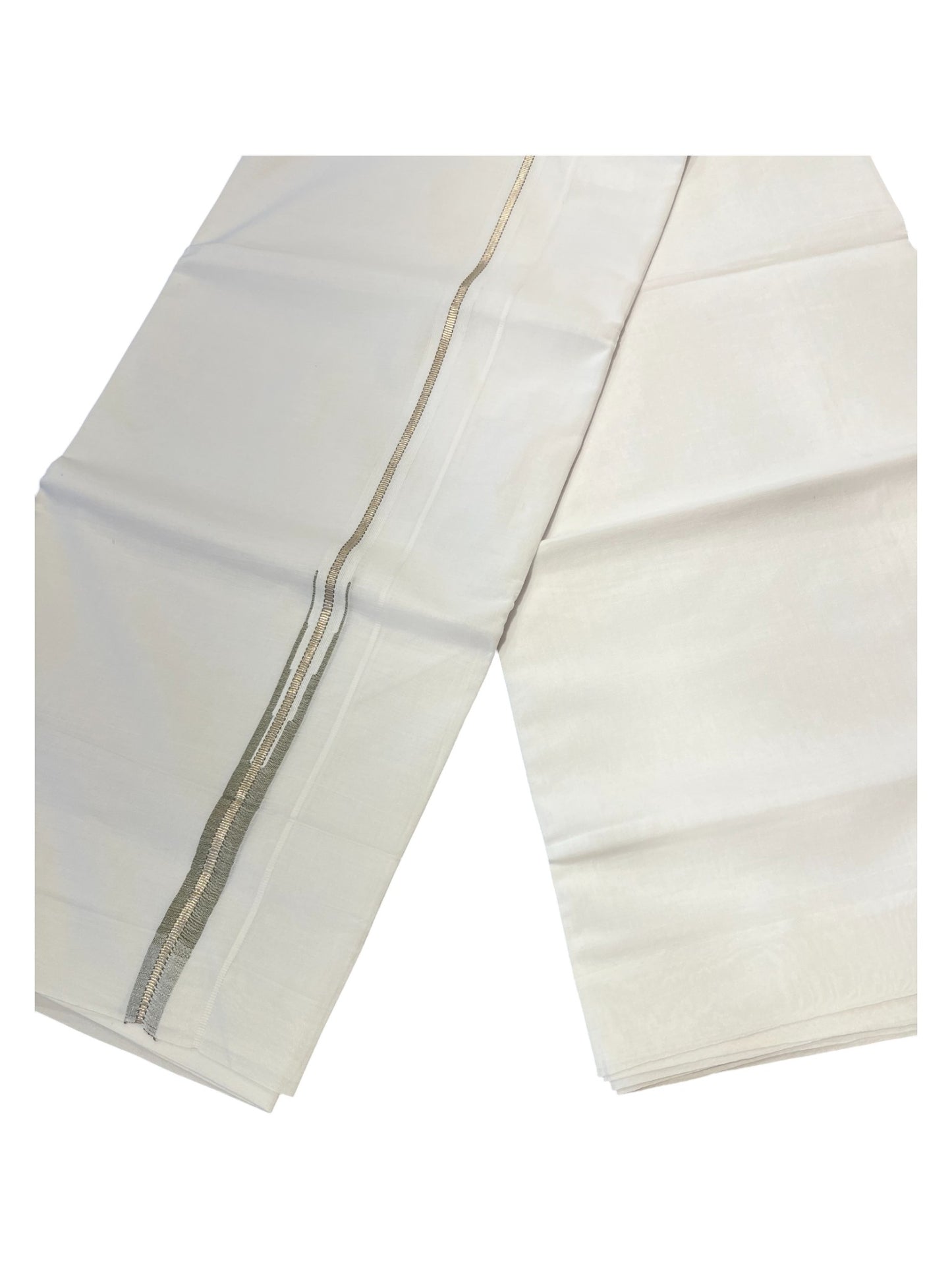 Pure White Cotton Double Mundu with Silver Chutti Kara (South Indian Dhoti)