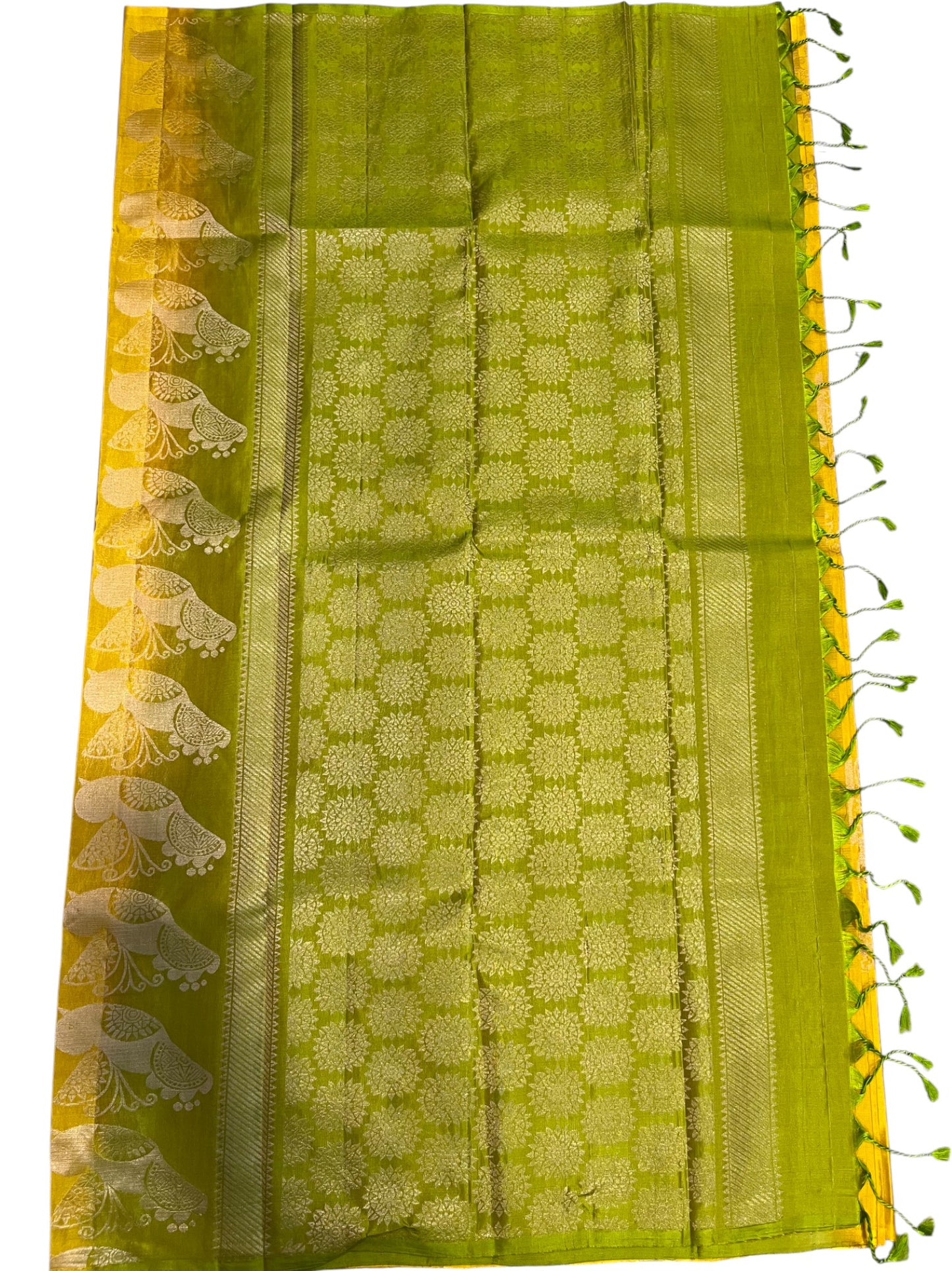 Southloom Pure Handloom Bridal Kanchipuram Silk Saree with Korvai Work (Yellow& Green)