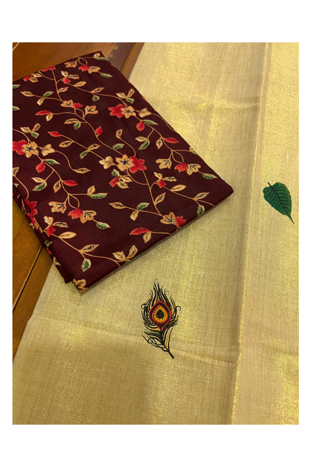 Kerala Tissue Mural Printed Pavada and Maroon Blouse Material for Kids 3 Meters