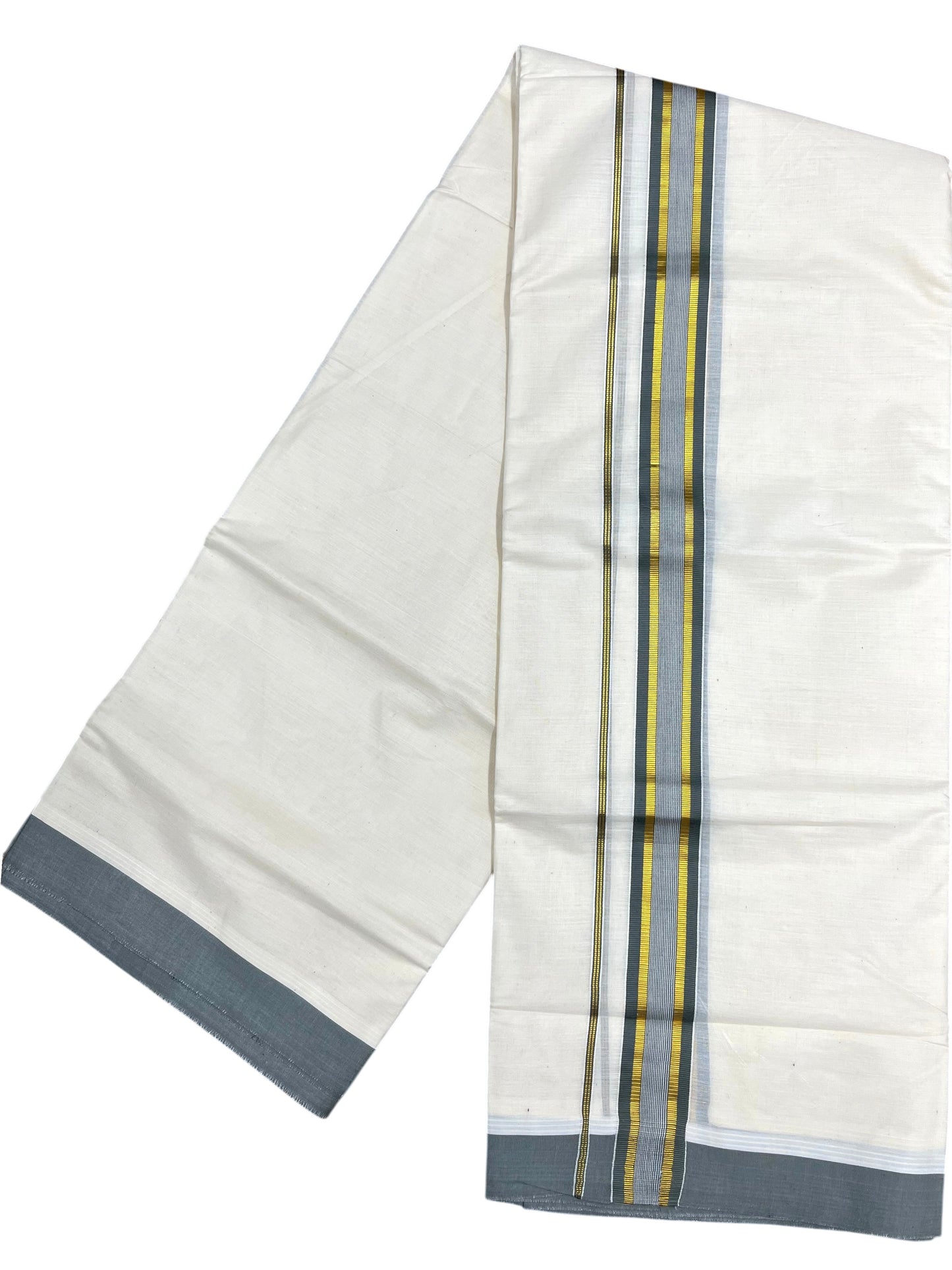 Southloom Pure Cotton Mundu with Gray Border (South Indian Kerala Dhoti)