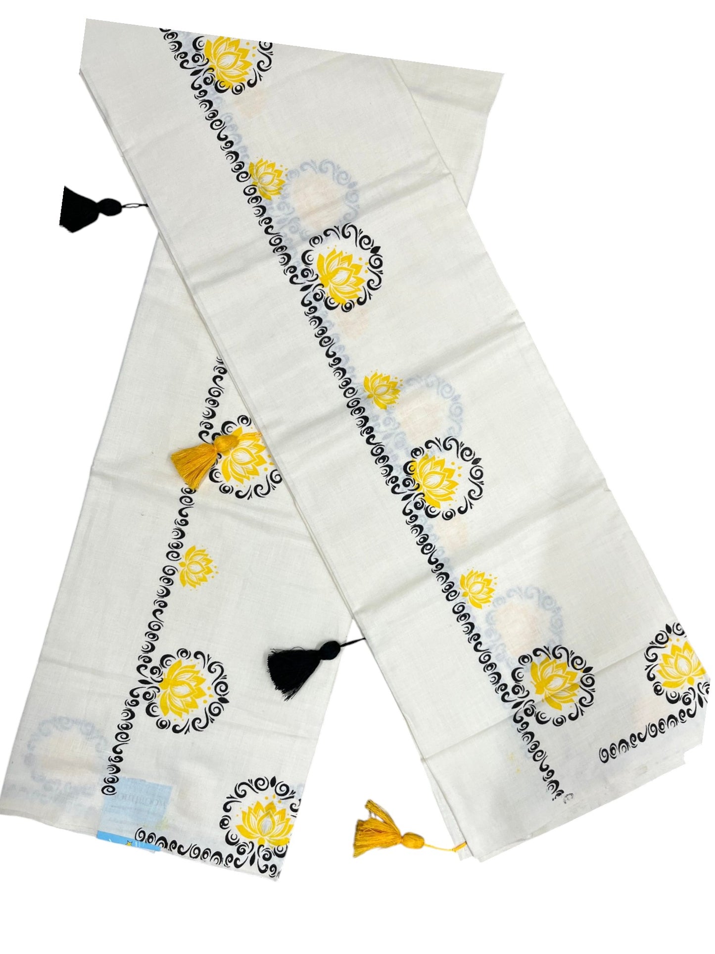 Southloom Kerala Cotton Single Set Mundu (Mundum Neriyathum) with Yellow &Black Lotus Block Printed Design