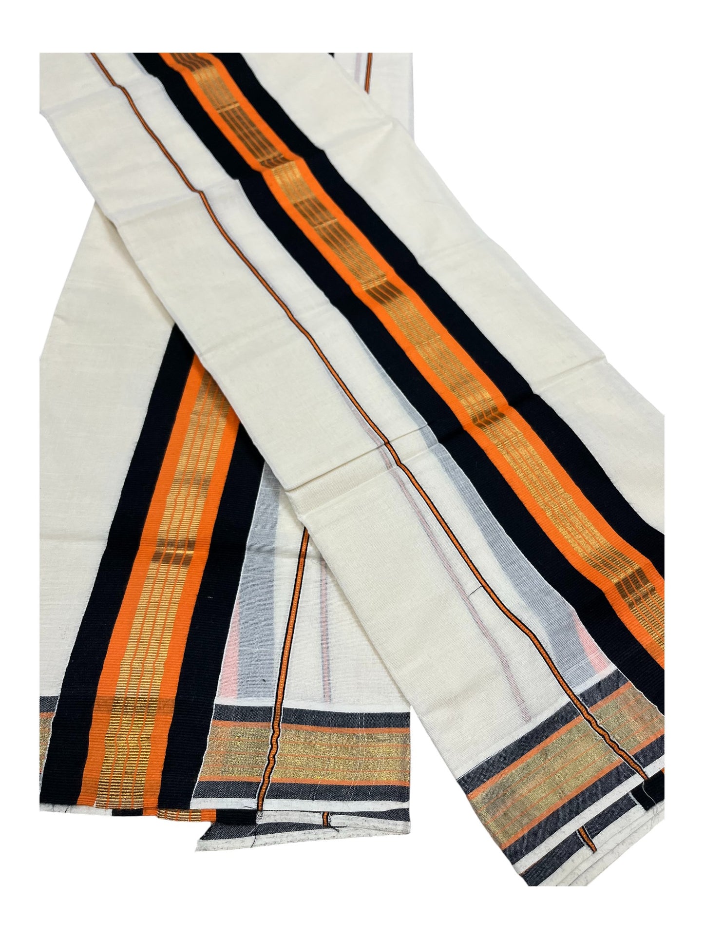 Kerala Cotton Kasavu Single Set Mundu (Mundum Neriyathum) with Black And orange Kasavu Border SLKK SL470