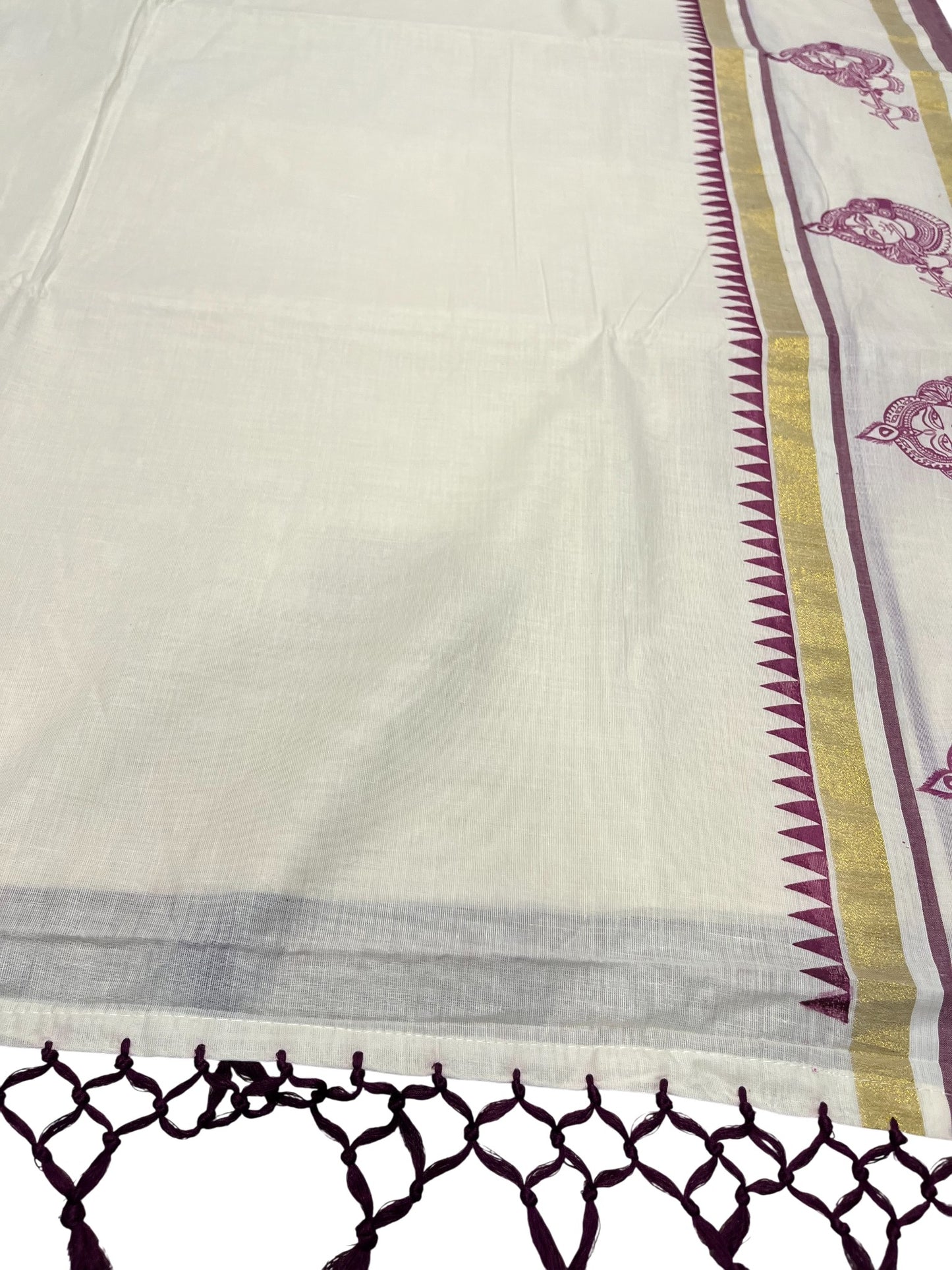 Southloom Cotton Kasavu Saree with Hand Printed Design on Border