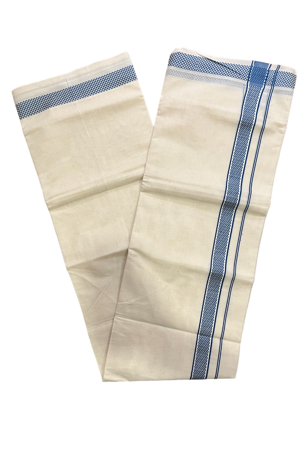 Kerala Pure Cotton Double Mundu with Blue Woven Border