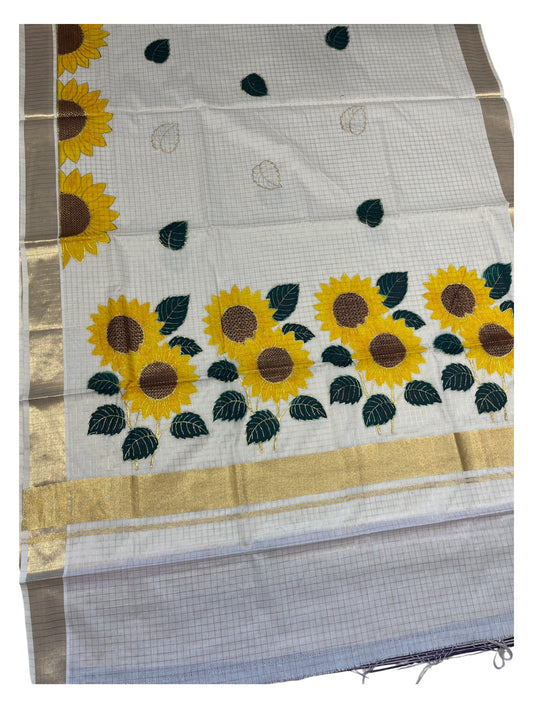 Southloom Kerala Cotton Kasavu Cheack Saree with Embroidery Wor in Yellow Floral Print