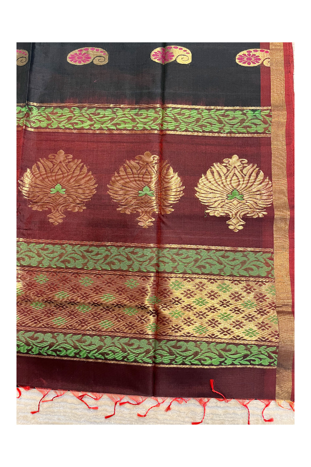 Southloom Pure Handloom Cotton Silk Saree With Handwoven Work Across Body and Blouse in Black And Maroon
