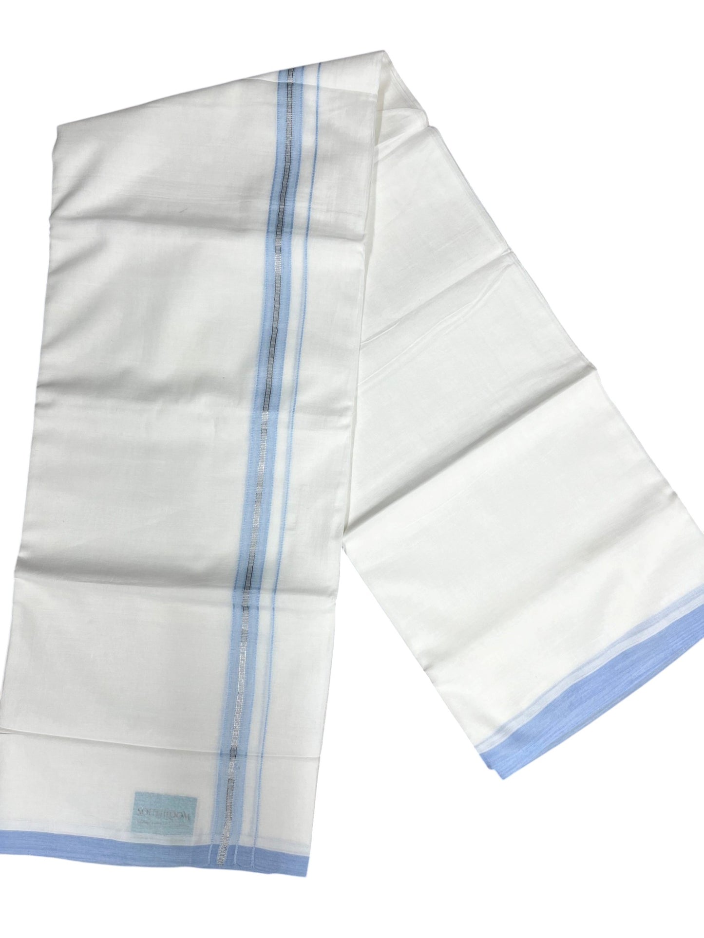 Southloom Pure White Cotton Mundu with Blue & Silver Line Border (South Indian Kerala Dhoti)