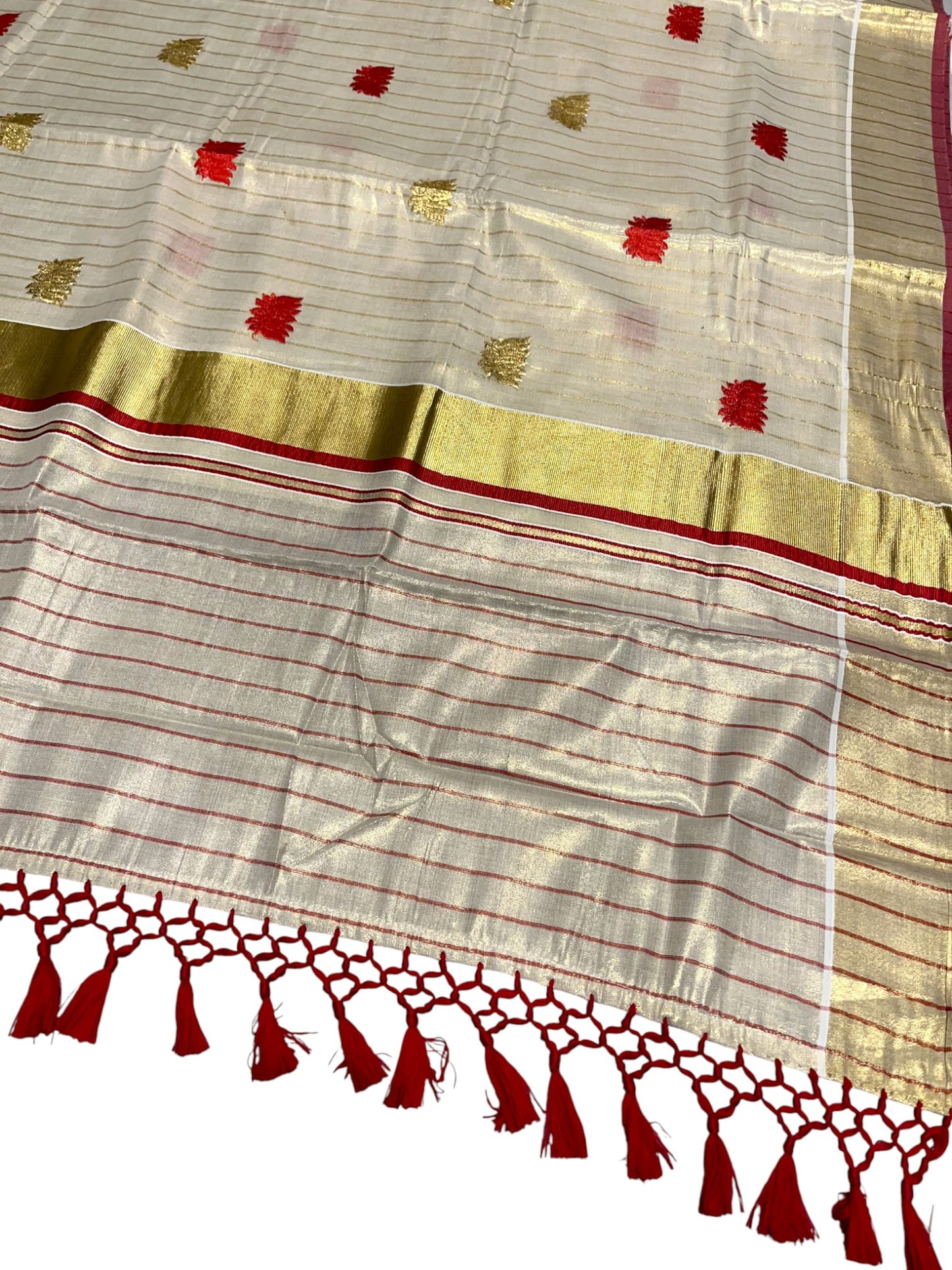 Southloom Kerala Tissue Kasavu Line Saree with Red Lotus Embroidery Works