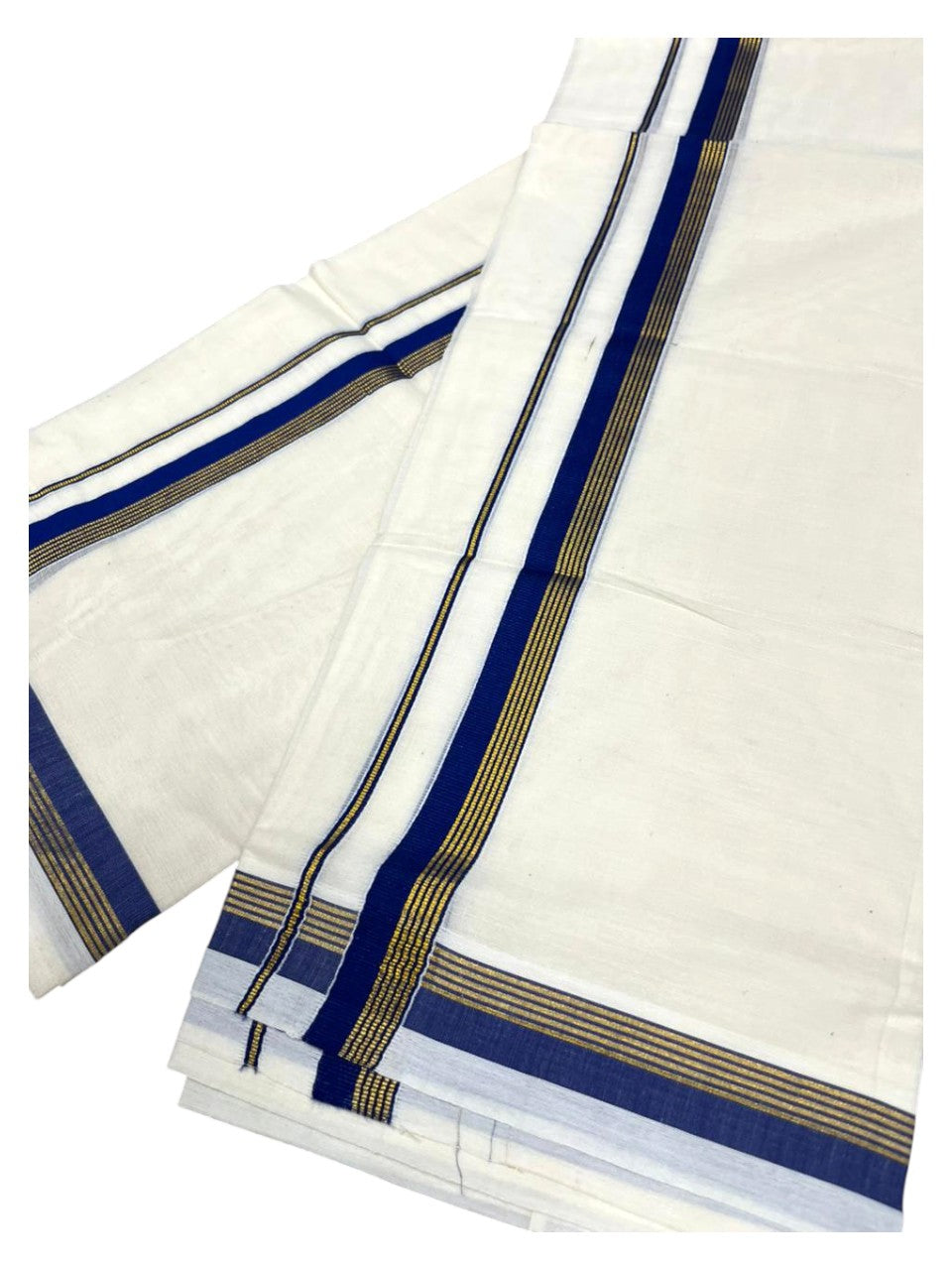 Pure Cotton Kerala Single Set Mundu (Mundum Neriyathum) with Blue Kasavu Border in 2.80 Mtrs