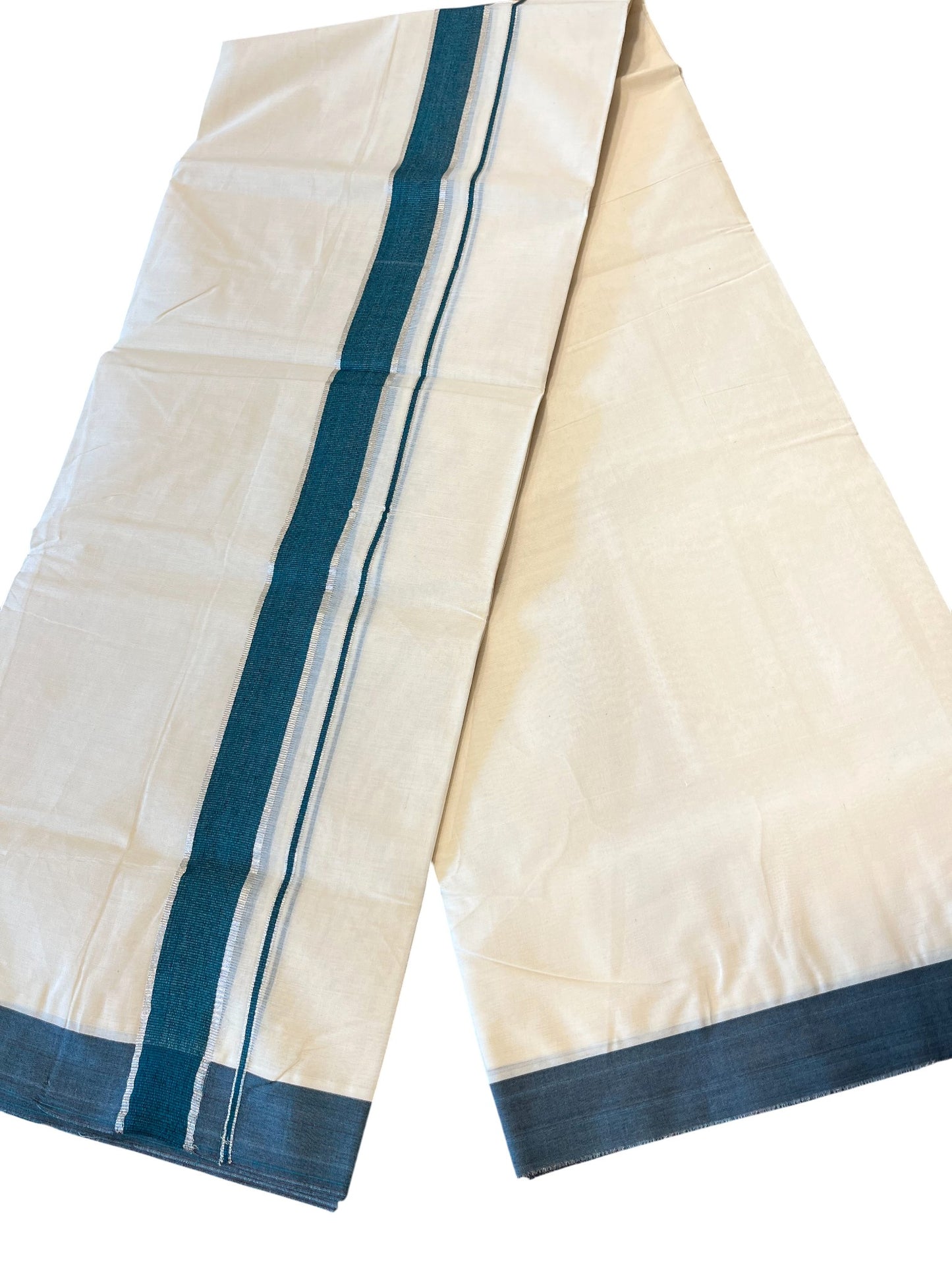 Southloom Kerala Pure Cotton Double Mundu with Silver Lines & Green Border (South Indian Dhoti)