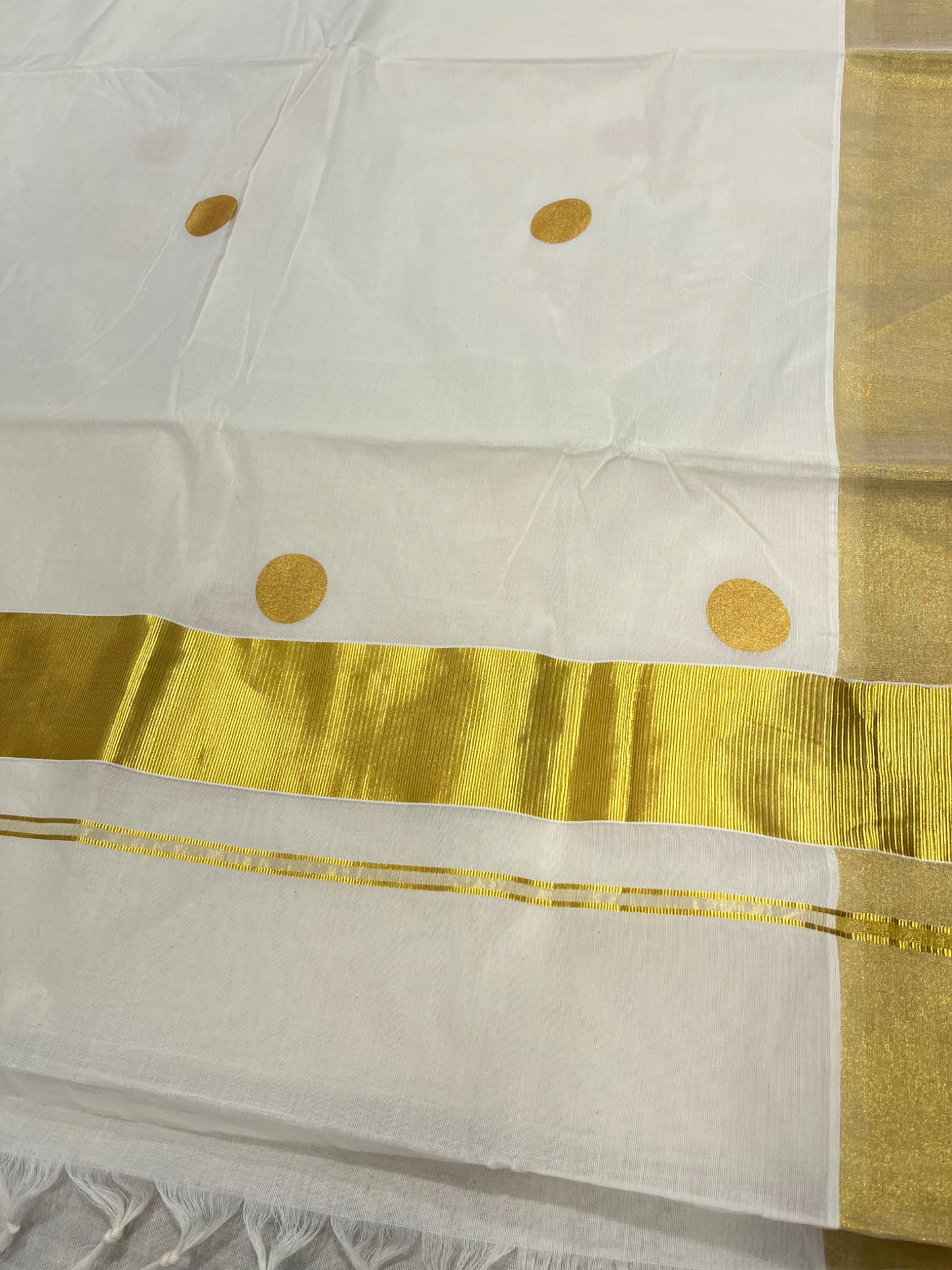 Southloom Kerala Cotton Kasavu Saree with Polka Dots Across Body