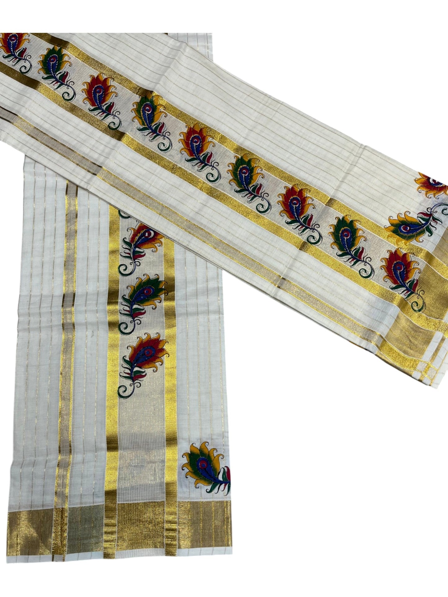 Southloom Cotton Lines Single Set Mundu (Mundu Neriyathum) With Peacock Feather Print And Gold Border Kasavu in 2.80 Mtrs