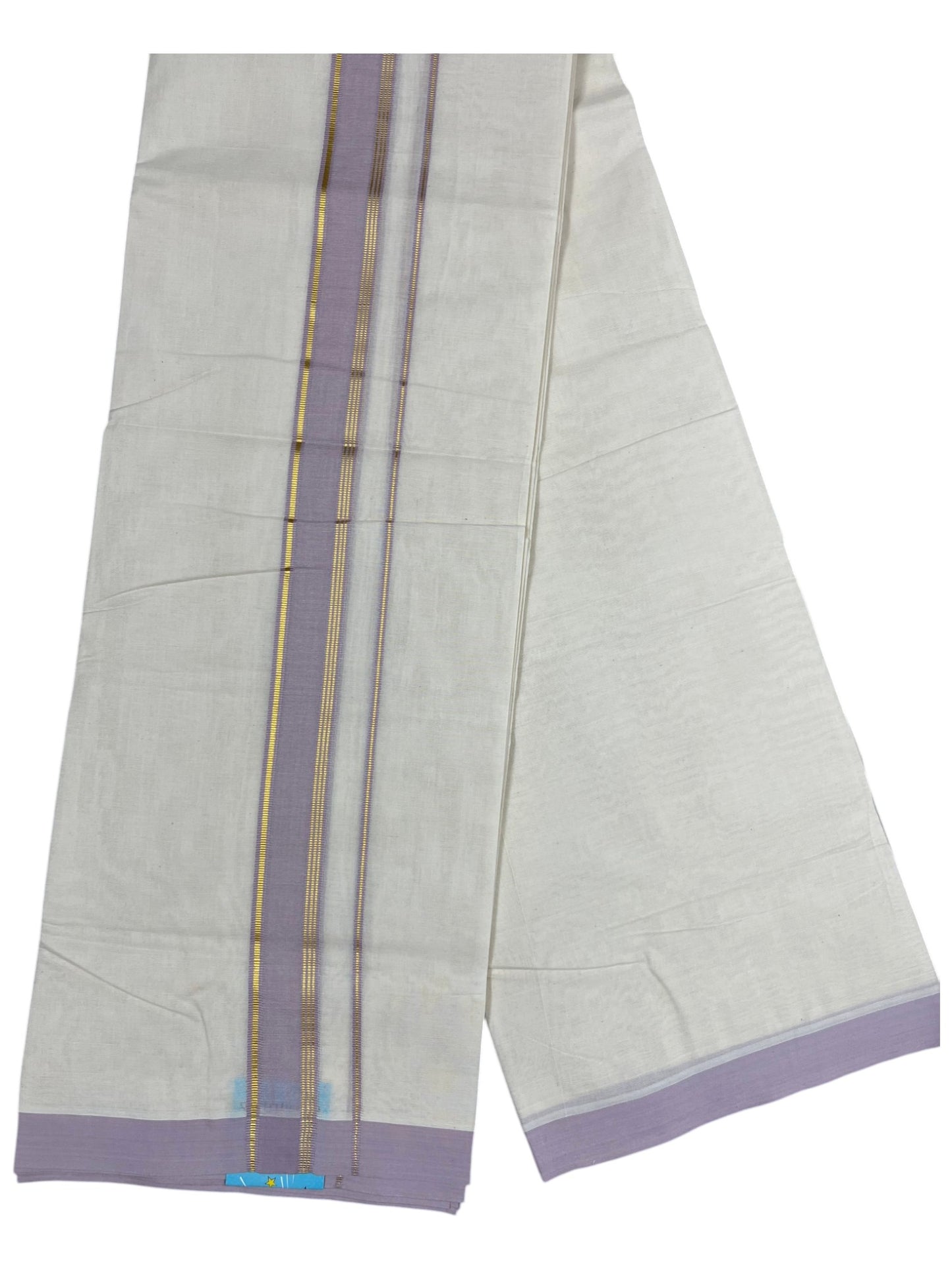 Southloom Pure Cotton Mundu with Gold Lines and Lavander Border (South Indian Kerala Dhoti)