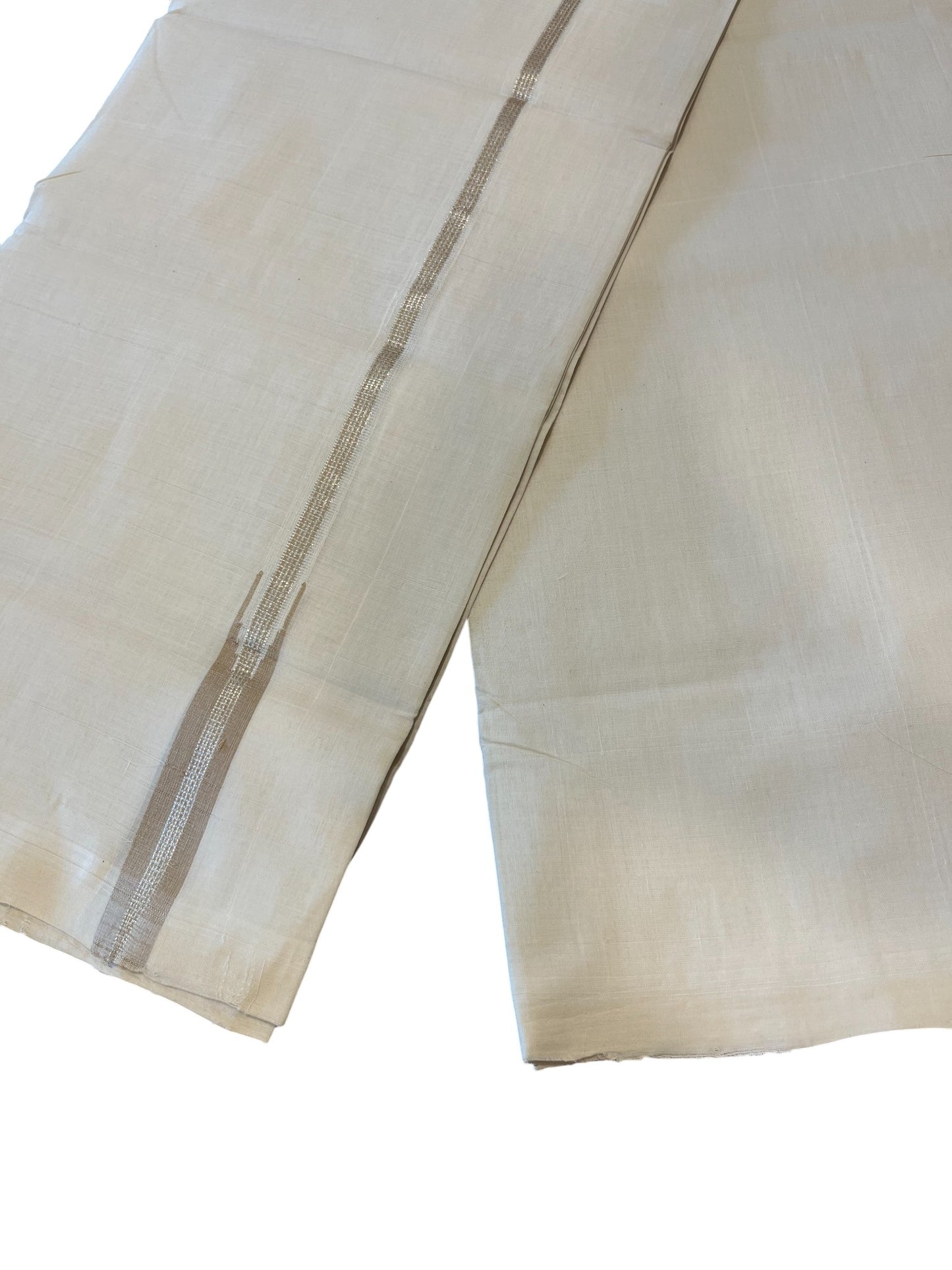 Southloom Premium Handloom Cotton Double Mundu with Silver and Beige Chutti Kara Border