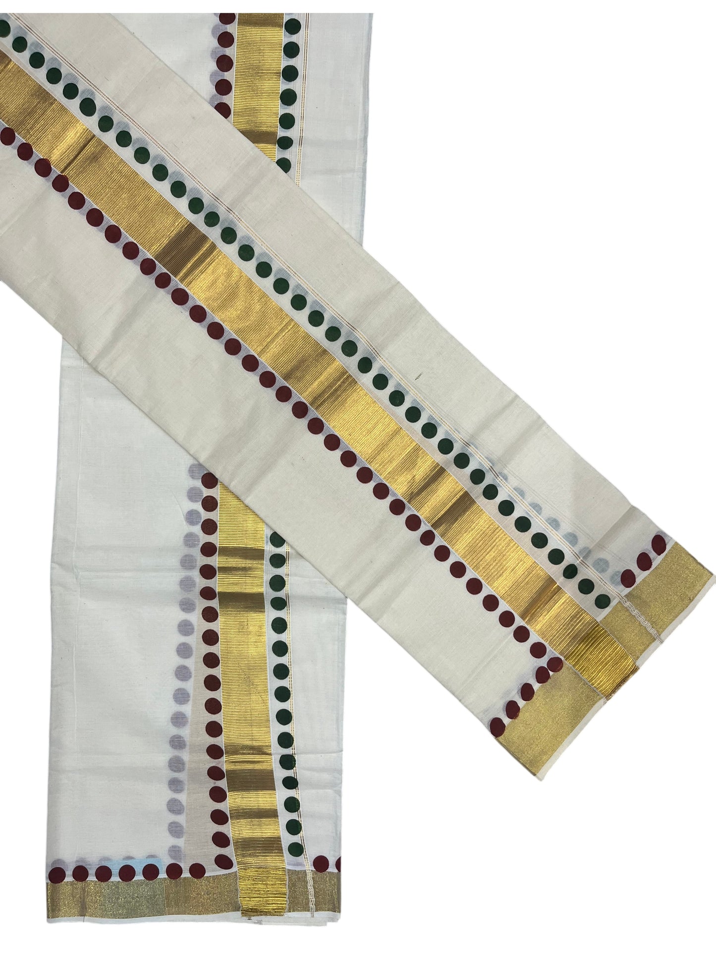 Southloom Kerala Cotton Kasavu Single Set Mundu (Mundum Neriyathum) with Maroon And Green Polka Dots Border SLKK