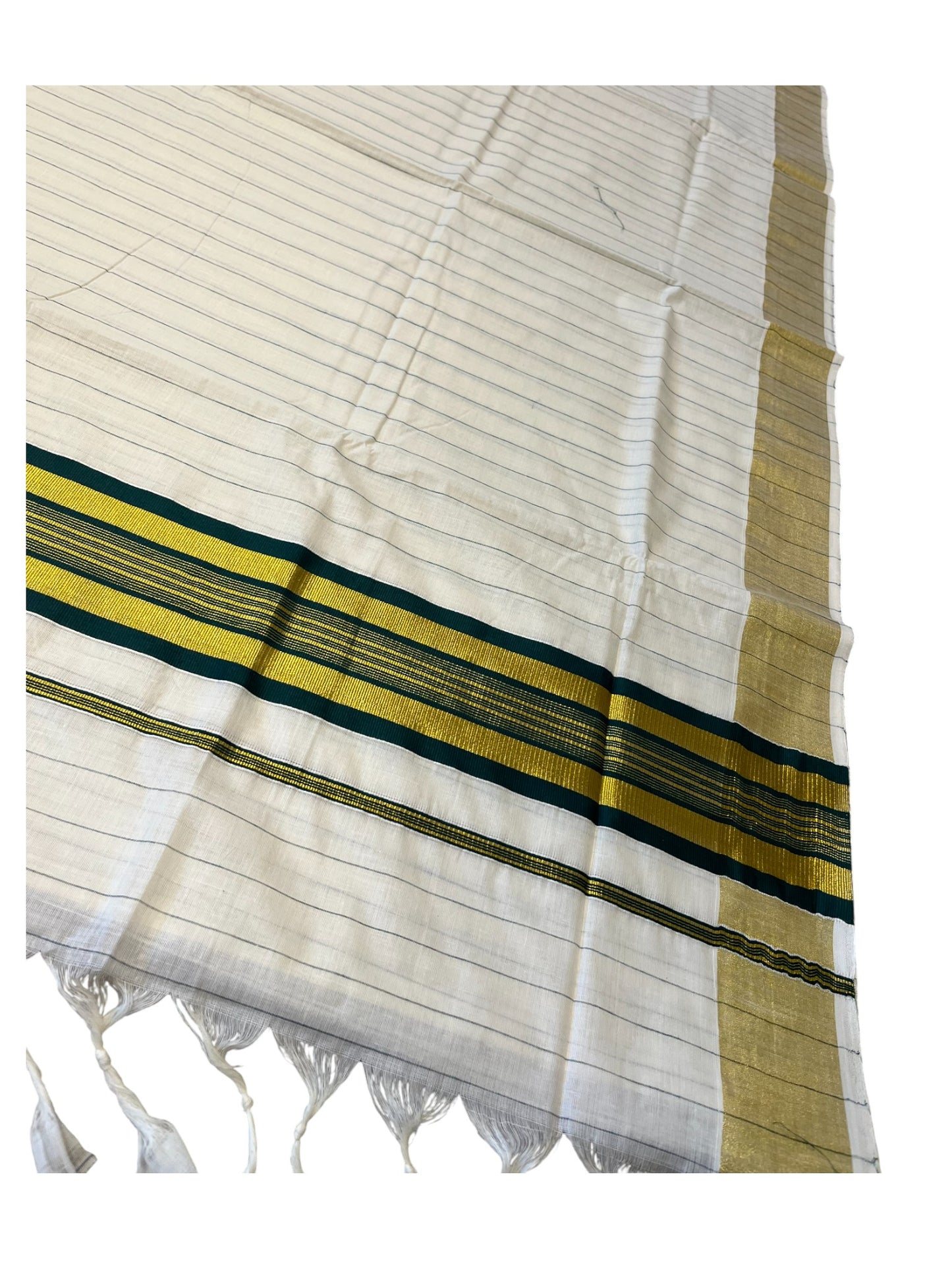 Southloom Kerala Cotton Kasavu Saree with Gold And Green Lines on Body