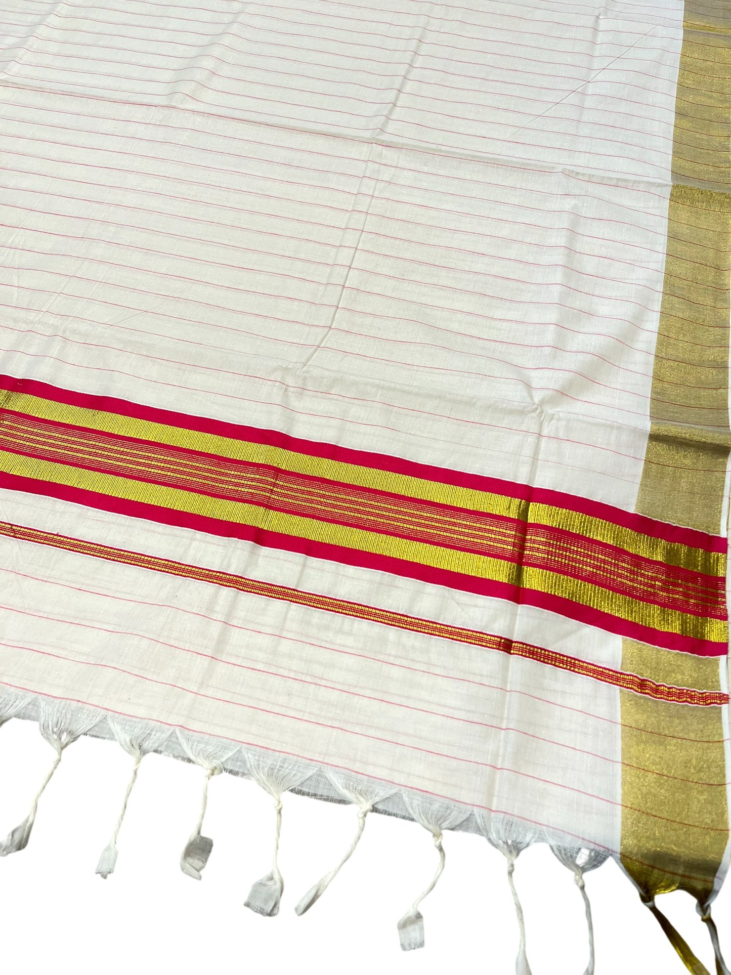 Southloom Kerala Cotton Kasavu Saree with Gold And Pink Lines on Body SL331