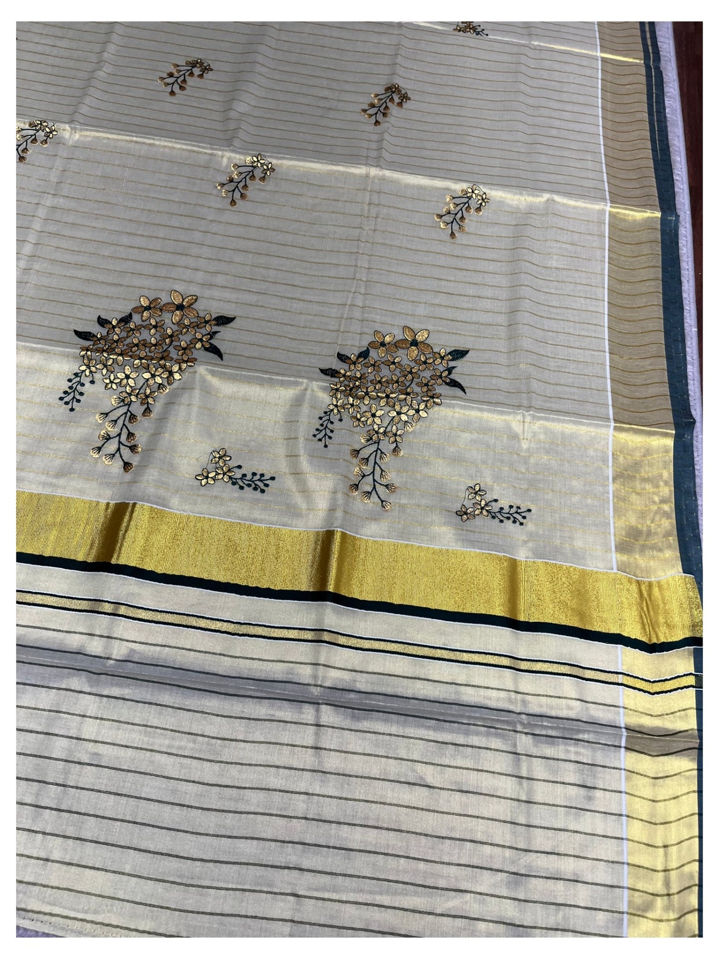 Southloom Kerala Tissue Kasavu Lines Saree with Kanikonna Floral Embroidery Designs on Body