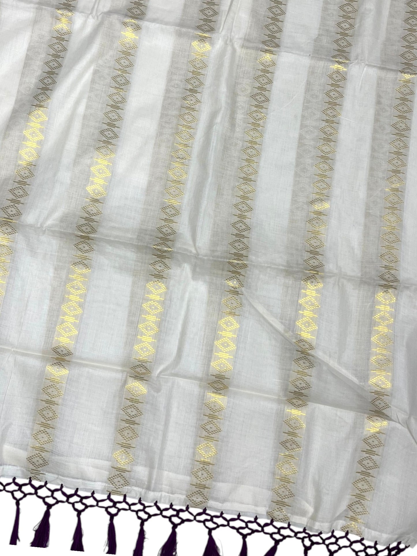 Southloom Kerala Cotton Kasavu Saree with Stripes on Body and Purple Tussels
