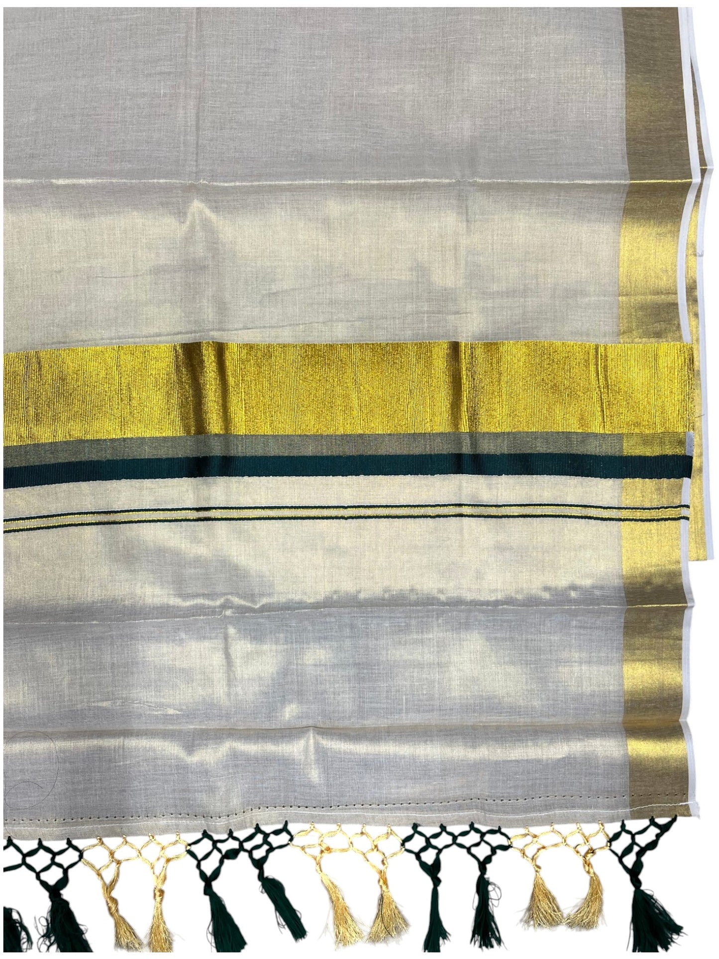 Southloom Kerala Tissue Kasavu Saree with Stripes on Body with Green Borders