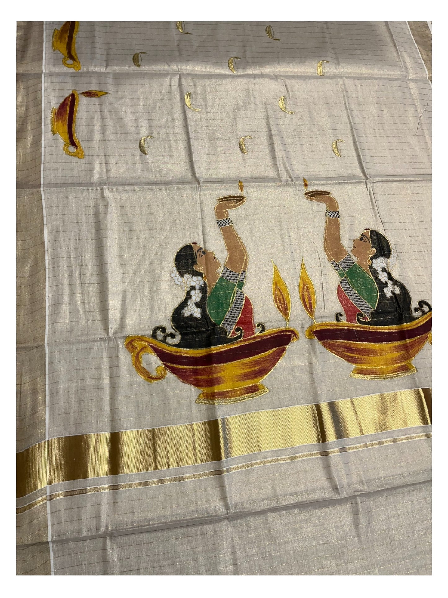 Southloom Kerala Tissue Kasavu Line Saree with Hand Painted &Embroidery Design SL339