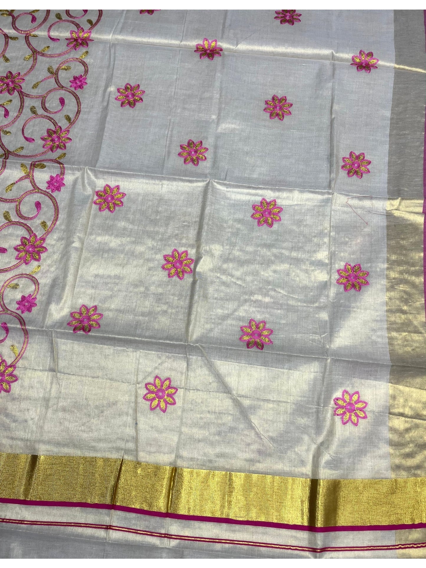 Southloom Kerala Tissue Kasavu Saree With Pink and Golden Floral Embroidery Works