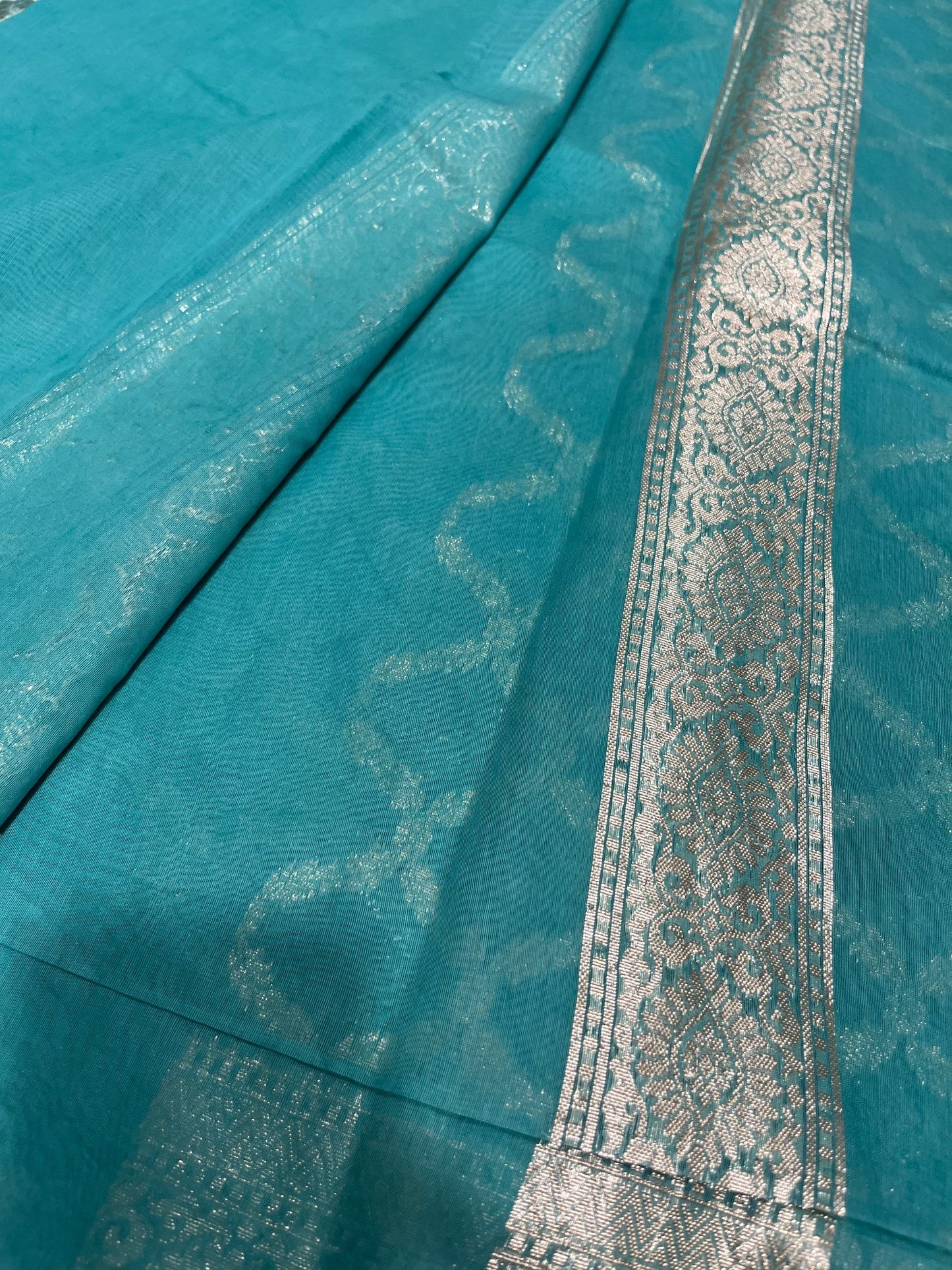 Southloom Cotton Banarasi Silk Saree with Woven Work on Body and Borders (Turquoise)