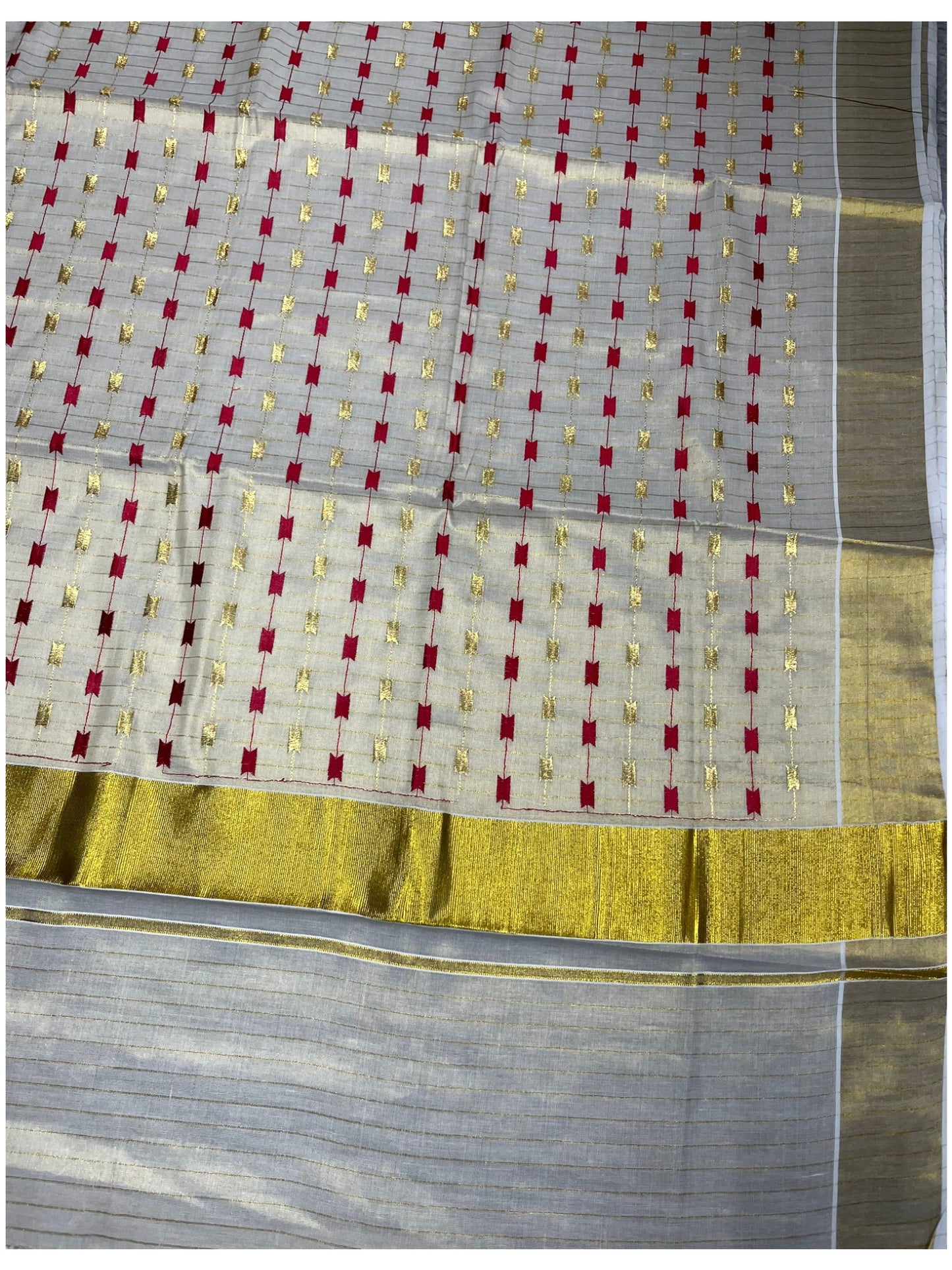 Southloom Tissue Kerala Kasavu Plain Saree with Red &Gold Embroidery Designs on Body