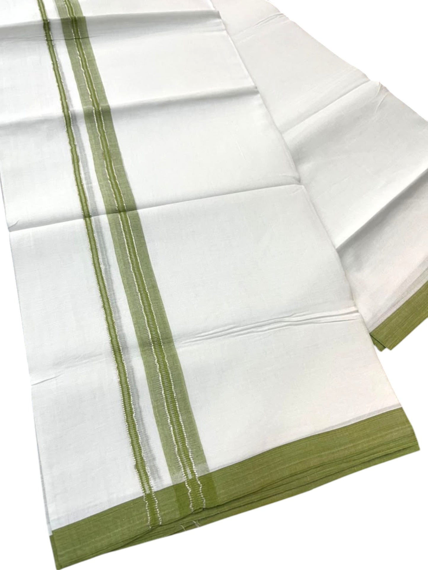 Southloom Pure White Cotton Mundu with Olive Green & Silver Line Border (South Indian Kerala Dhoti)