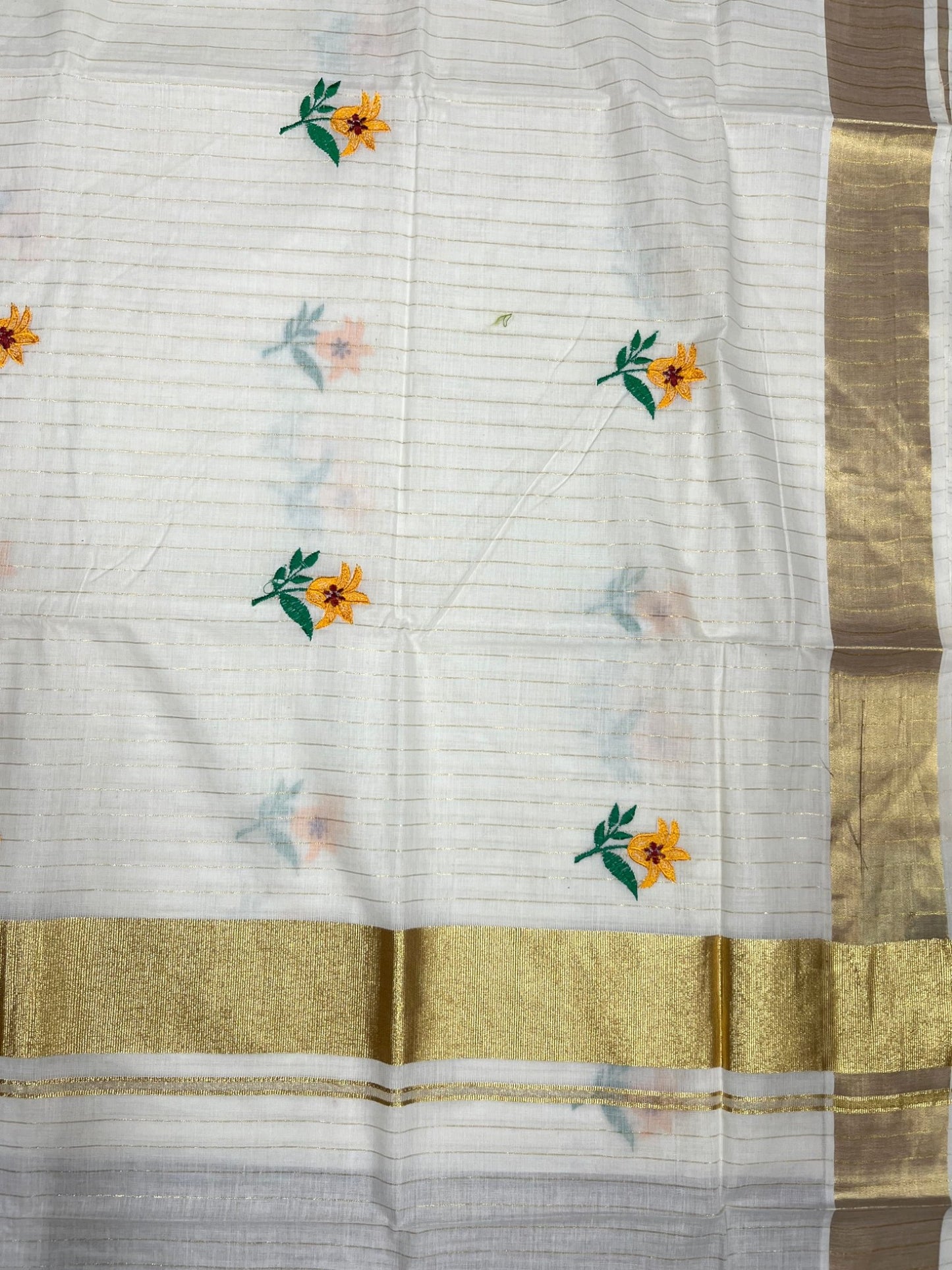 Southloom Kerala Cotton Kasavu Lines Saree with Floral Embroidery Work on Body