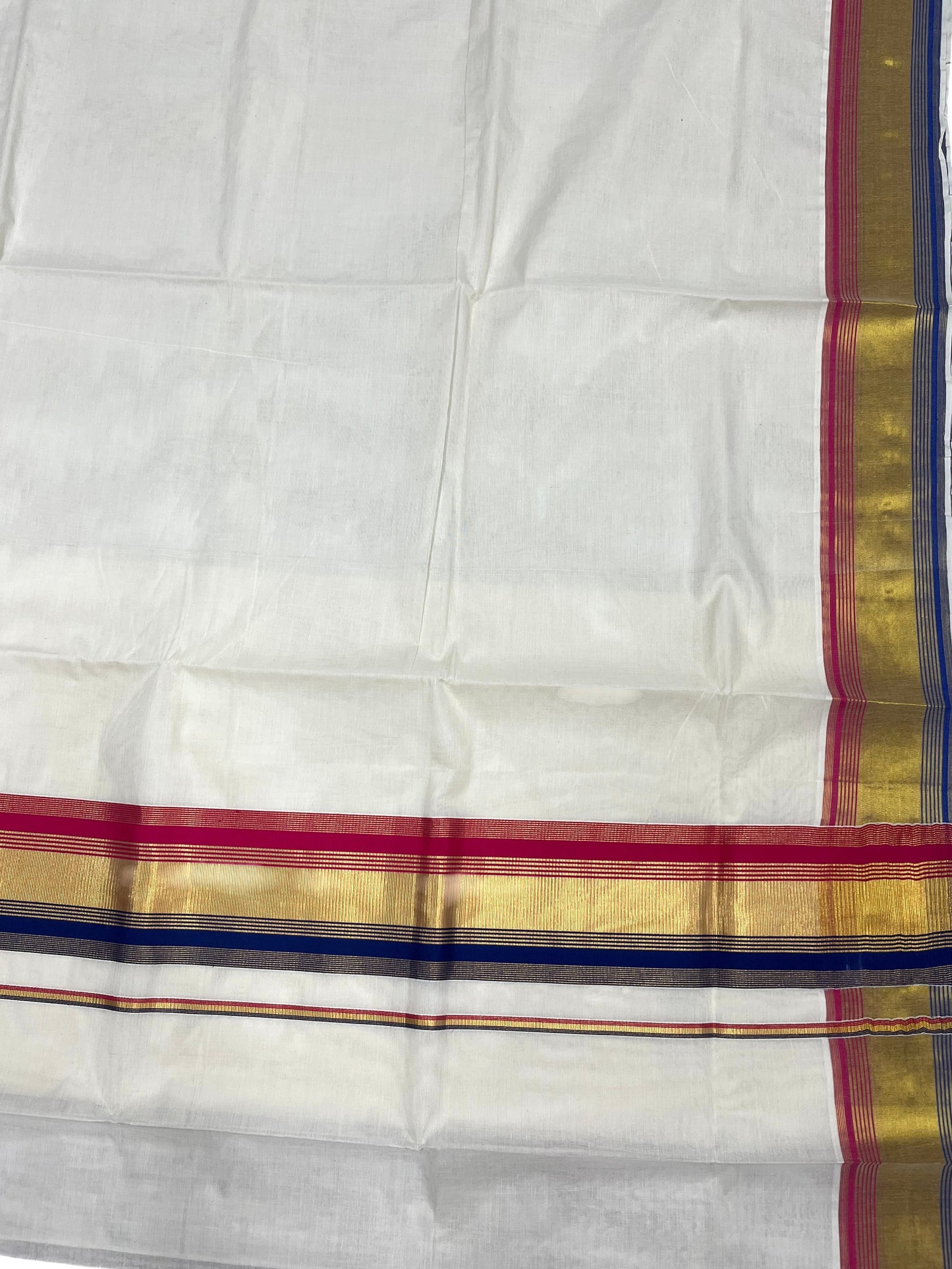 Southloom Kerala Cotton Kasavu Saree with Blue And Pink Border