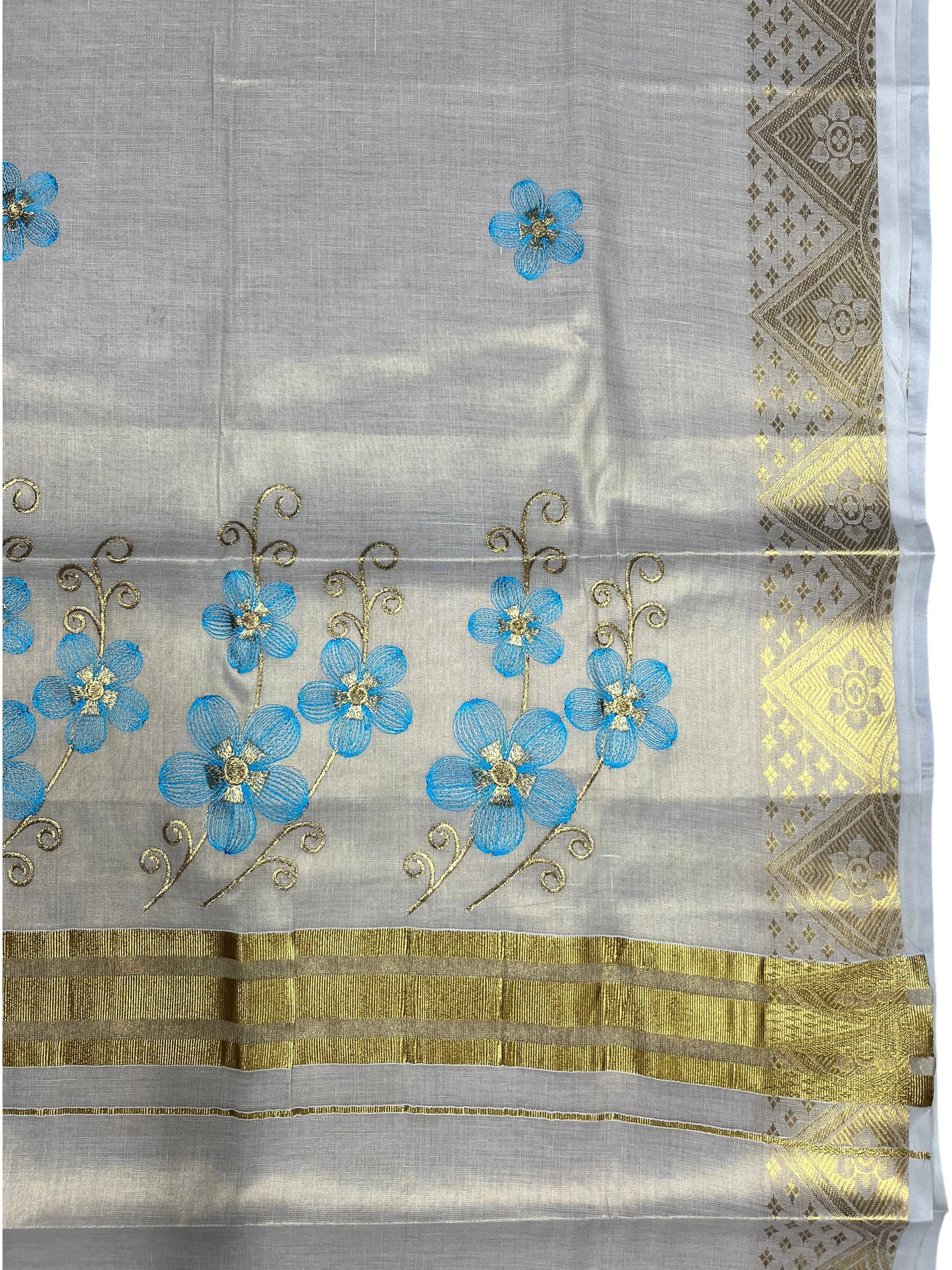 Southloom Kerala Tissue Kasavu Saree with Blue Floral Embroidery Work on Body
