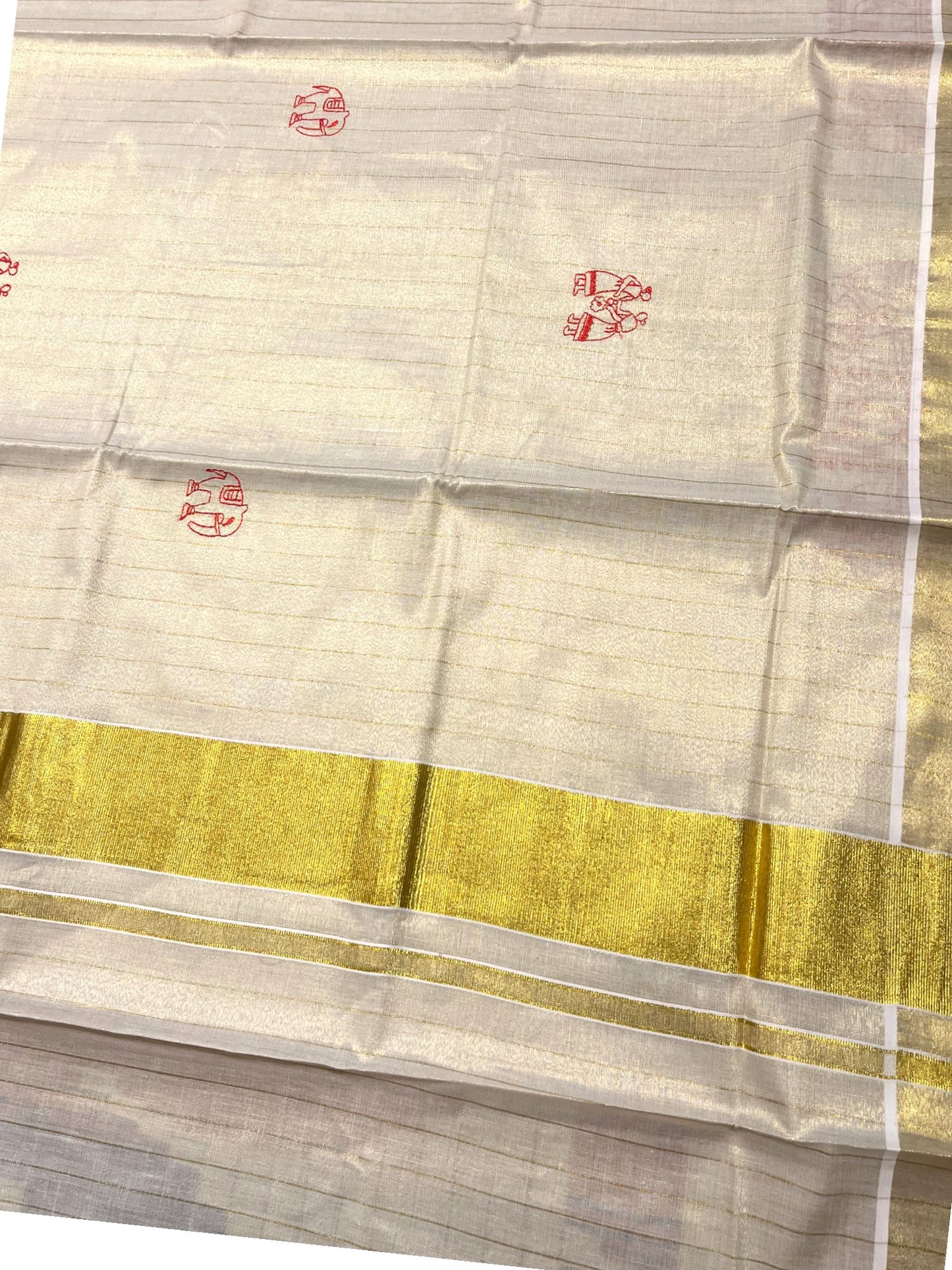 Southloom Tissue Check Kerala Kasavu Saree with Embroidery Design
