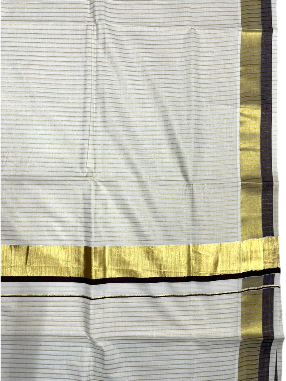 Southloom Pure Cotton Kerala Saree with Gold Kasavu Lines Across Body and Brown Border