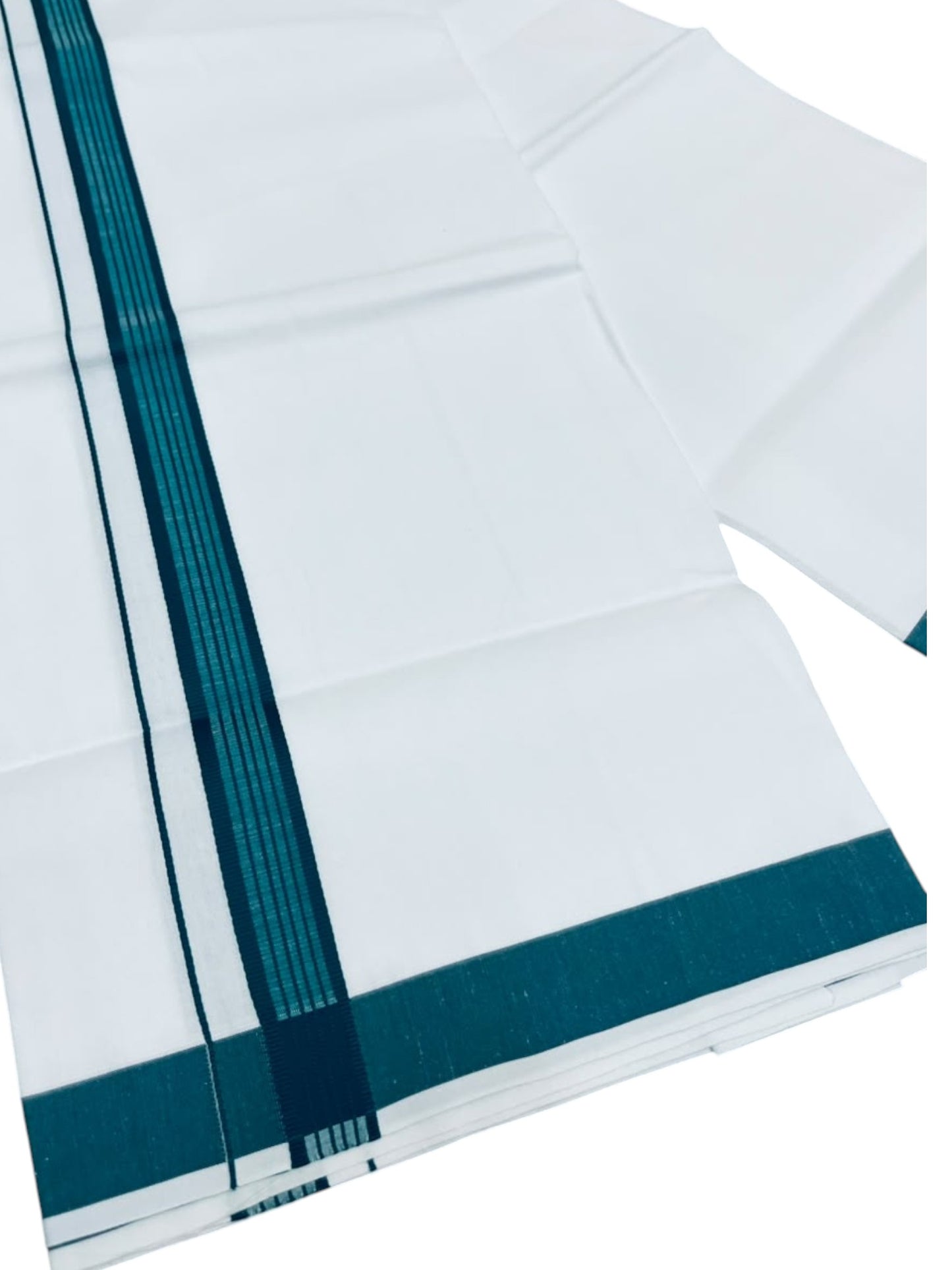 Southloom Pure White Single Cotton Mundu with Peacock Blue (South Indian Kerala Dhoti)