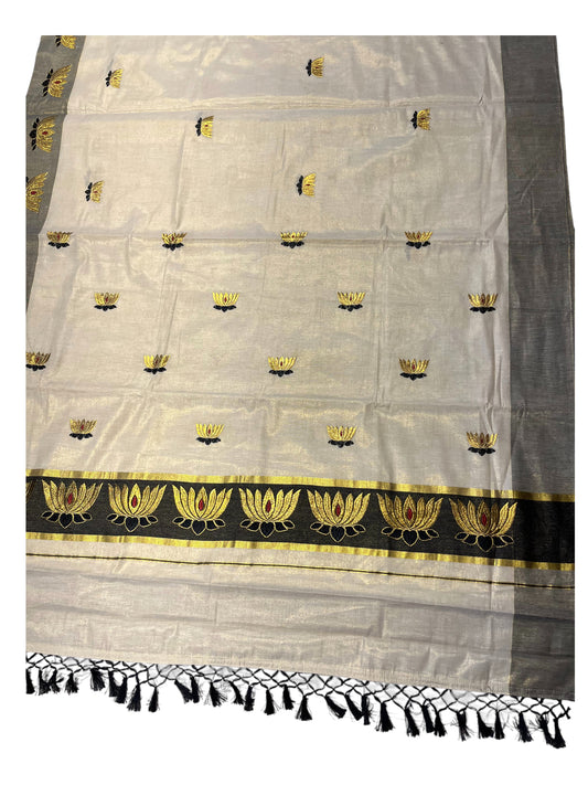 Southloom Kerala Tissue Kasavu Saree with Black And Golden Lotus Embroidary Works on Body
