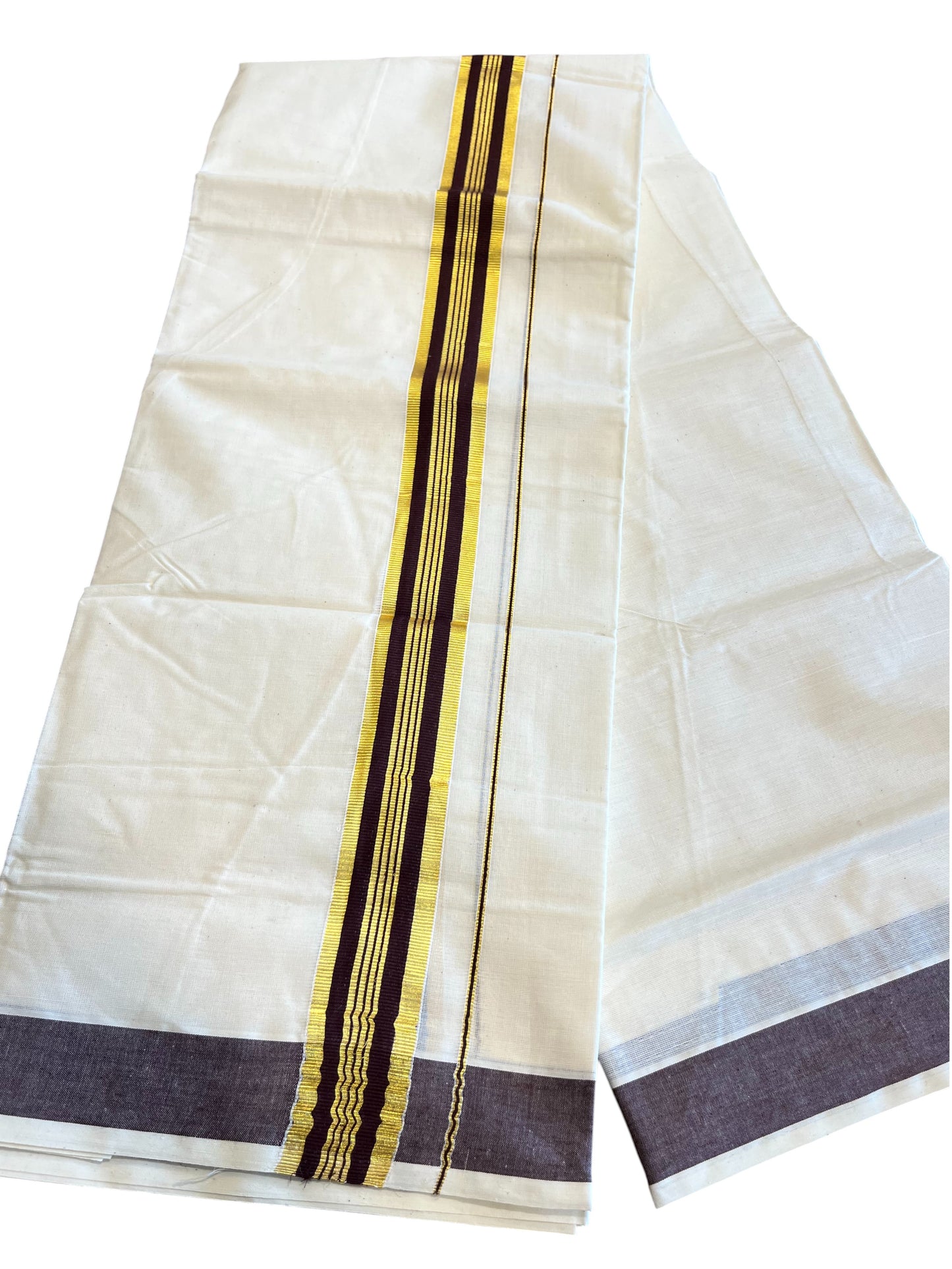Southloom Pure Cotton Mundu with Gold Kasavu and Brown Border (South Indian Kerala Dhoti)